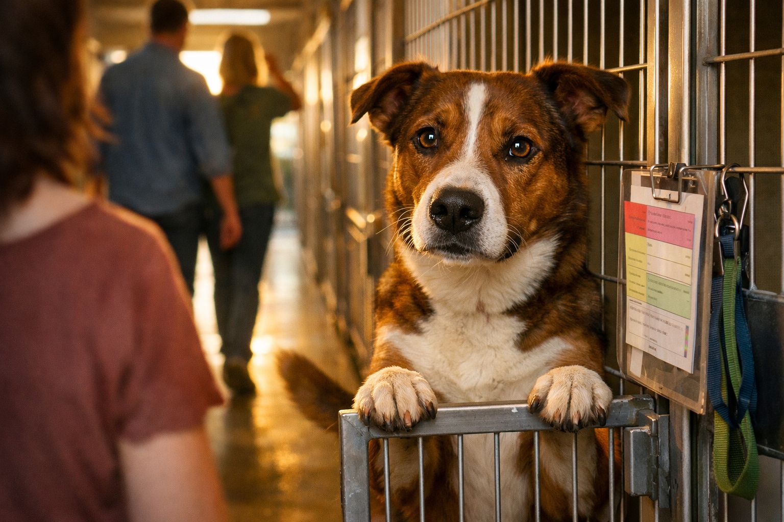 Cão castanho e branco com expressão triste numa gaiola de abrigo, com pessoas ao fundo desfocadas.
