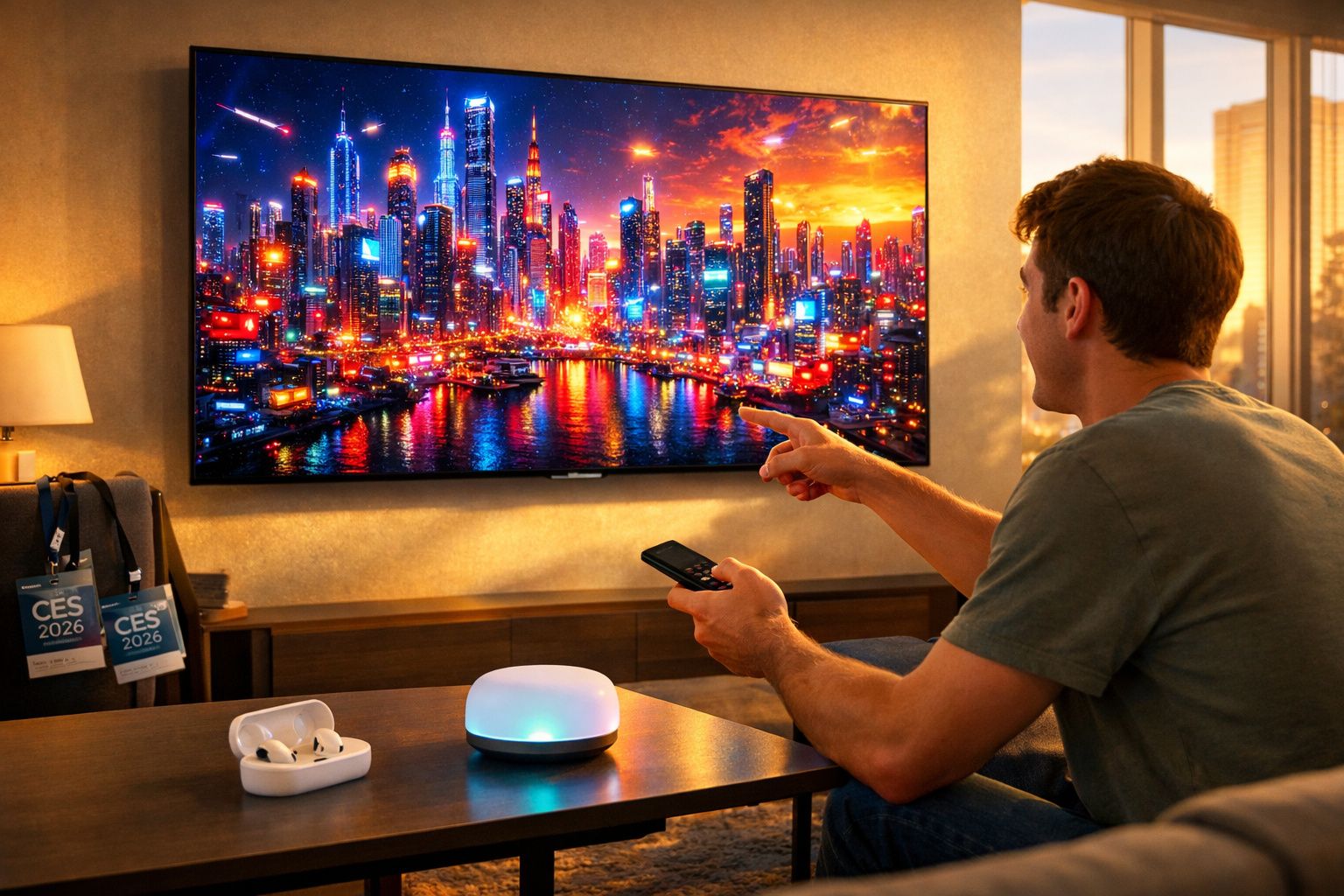 Homem sentado a apontar para TV com imagem colorida de cidade iluminada à noite num ambiente acolhedor.