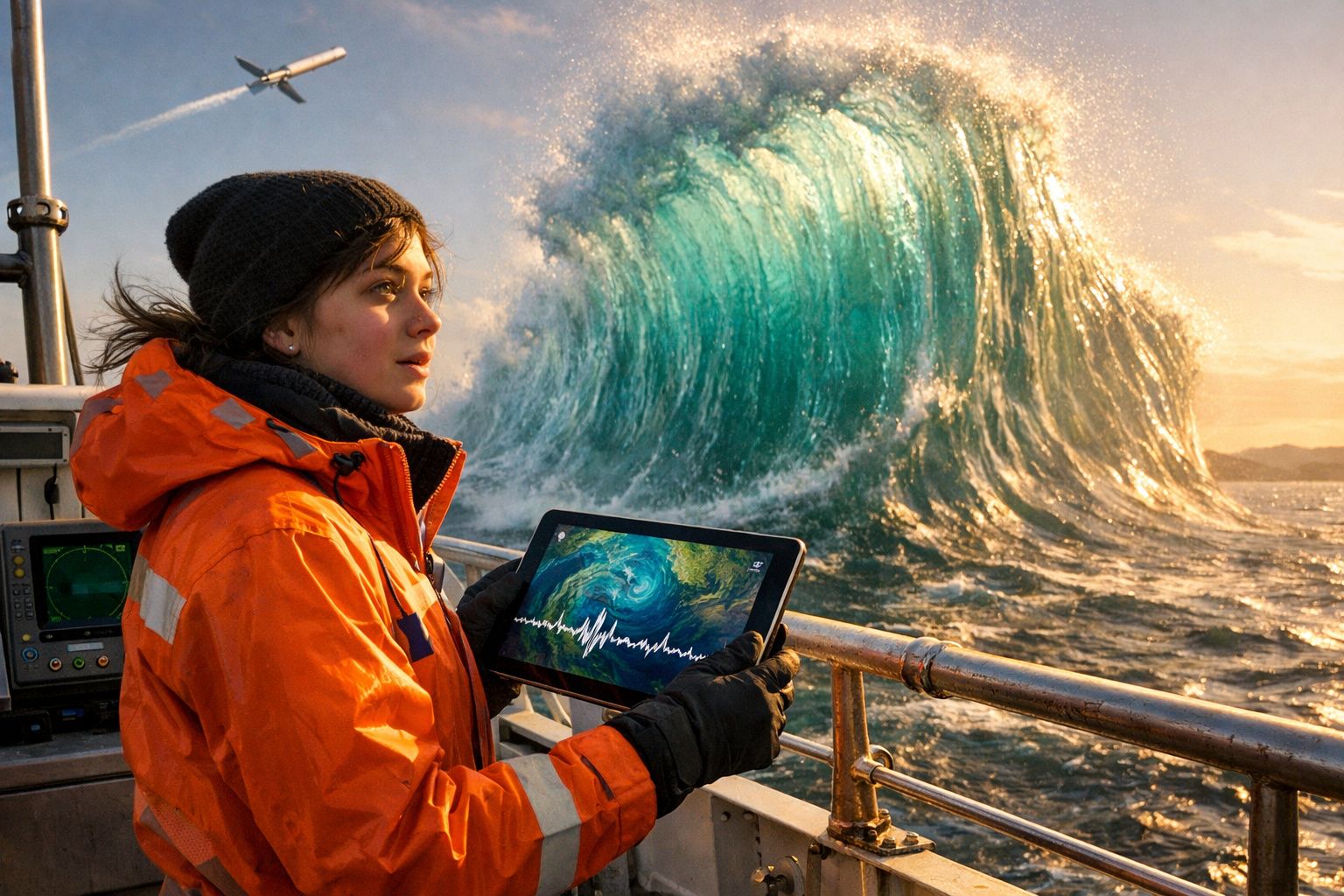 Mulher com casaco laranja observa uma grande onda azul enquanto segura um tablet num barco ao pôr do sol.