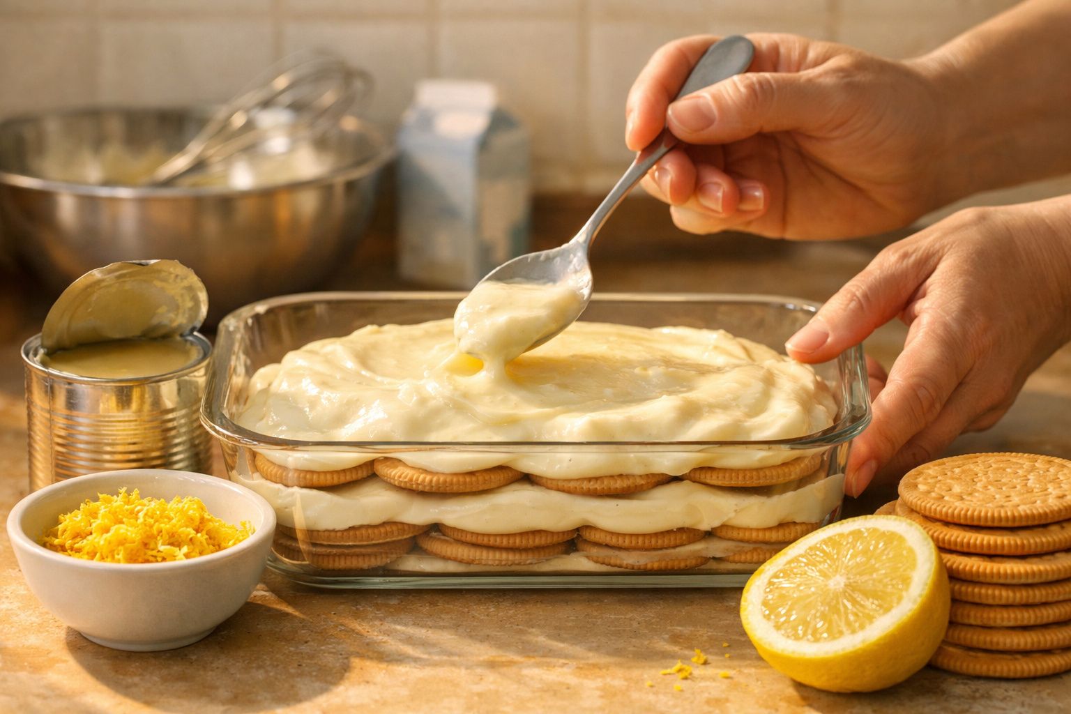 Mãos a espalhar creme por camada de bolachas numa taça, com limão, raspas e leite condensado ao lado.