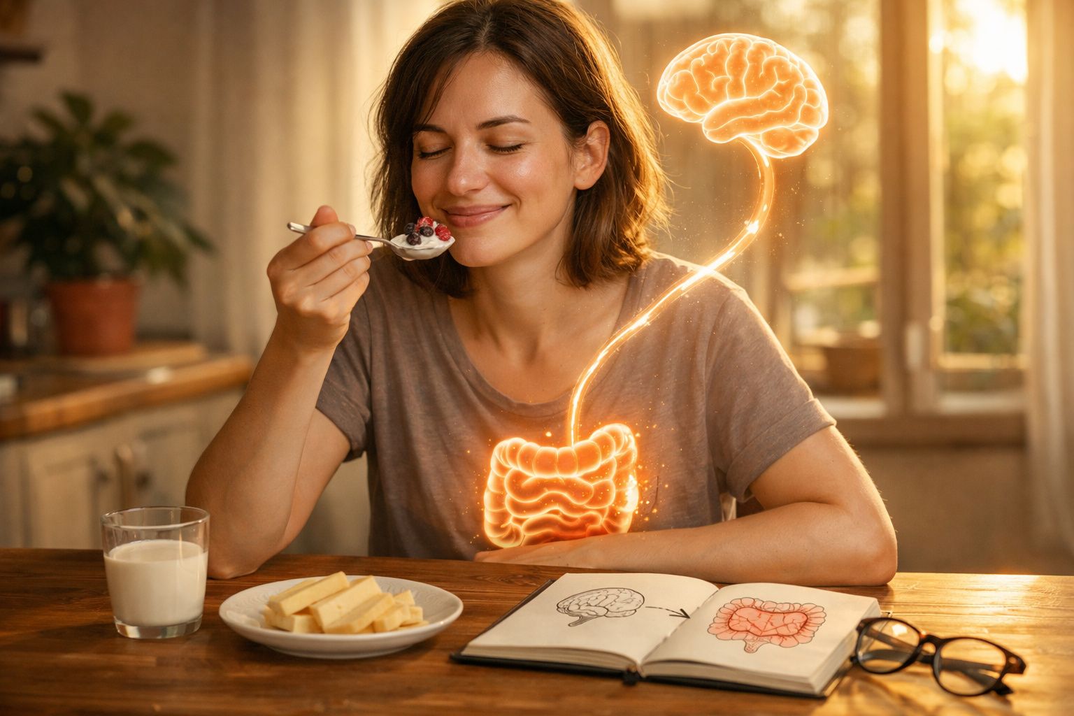 Mulher a saborear iogurte, com ilustração simbólica do intestino e cérebro ligados, numa mesa com queijo e leite.