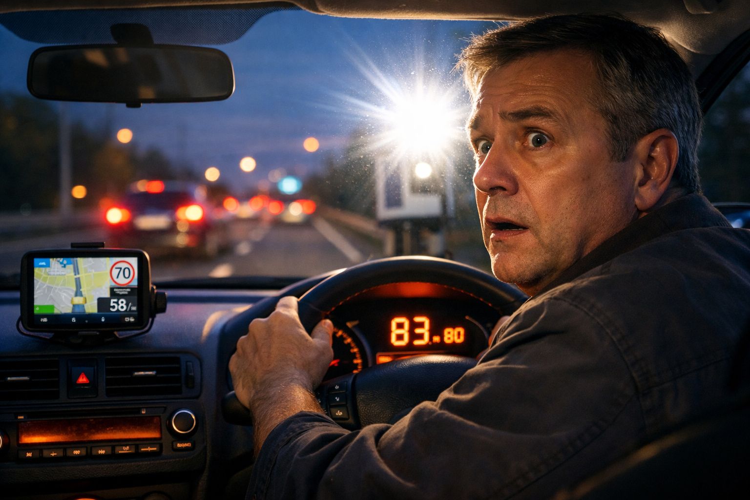 Homem assustado conduz a alta velocidade à noite, com radar de velocidade visível e velocidade de 83 km/h no painel.