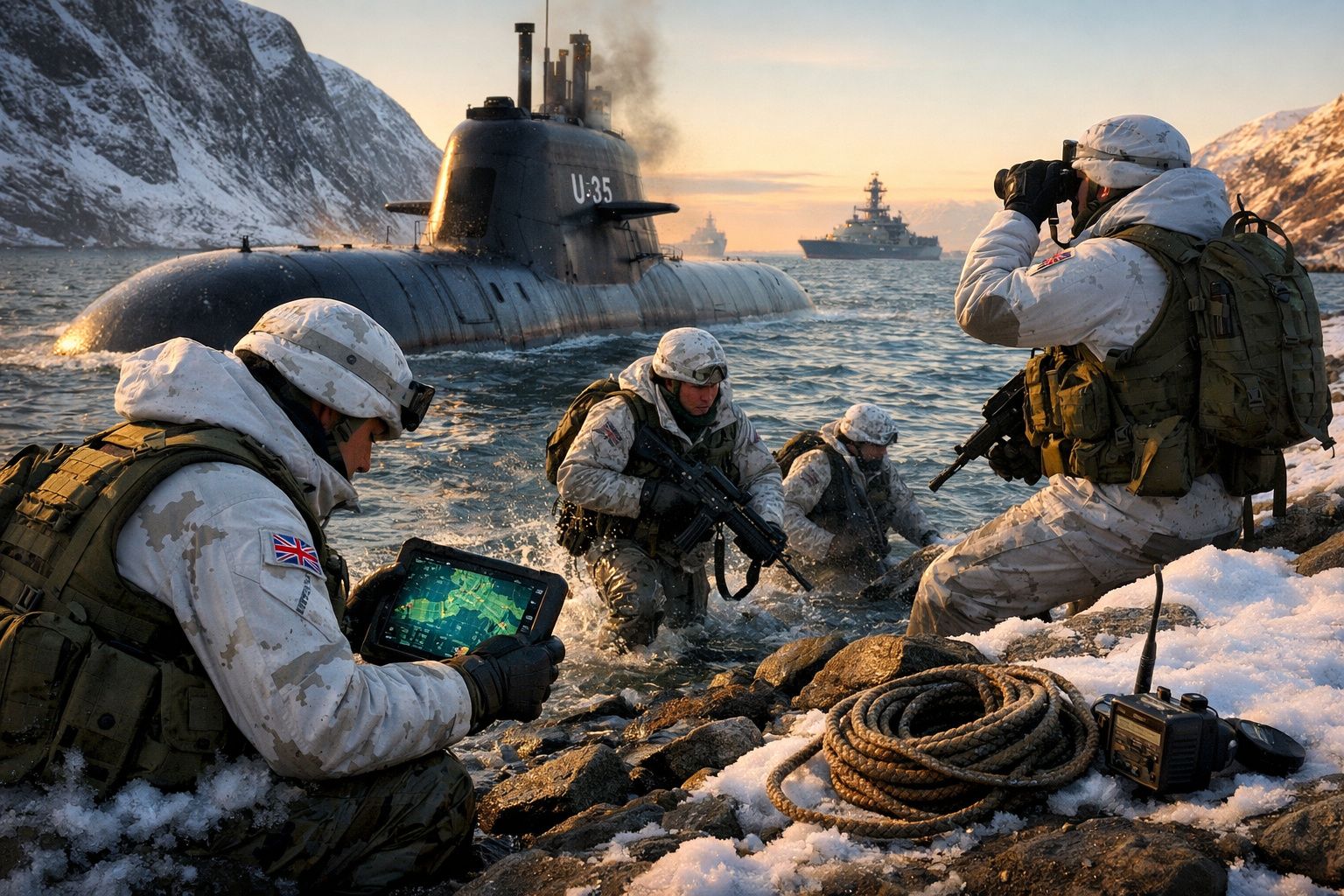Soldados britânicos em treino militar junto a um submarino e um navio de guerra numa zona costeira nevada.