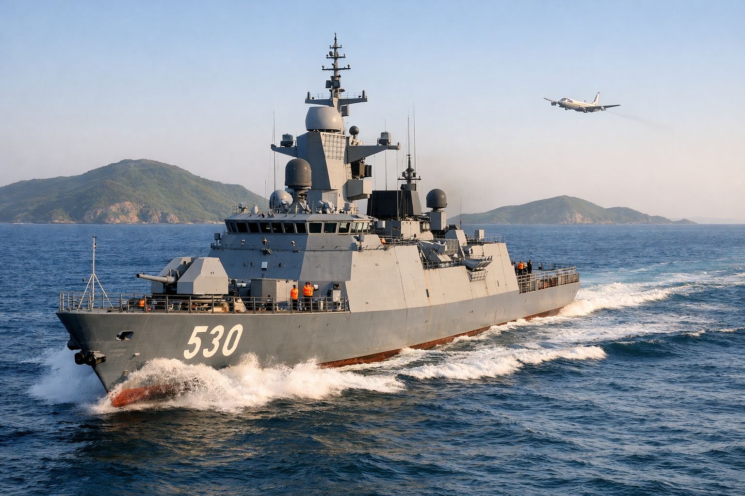 Fragata militar cinzenta com número 530 navega no mar com avião a voar ao fundo e ilhas visíveis no horizonte.