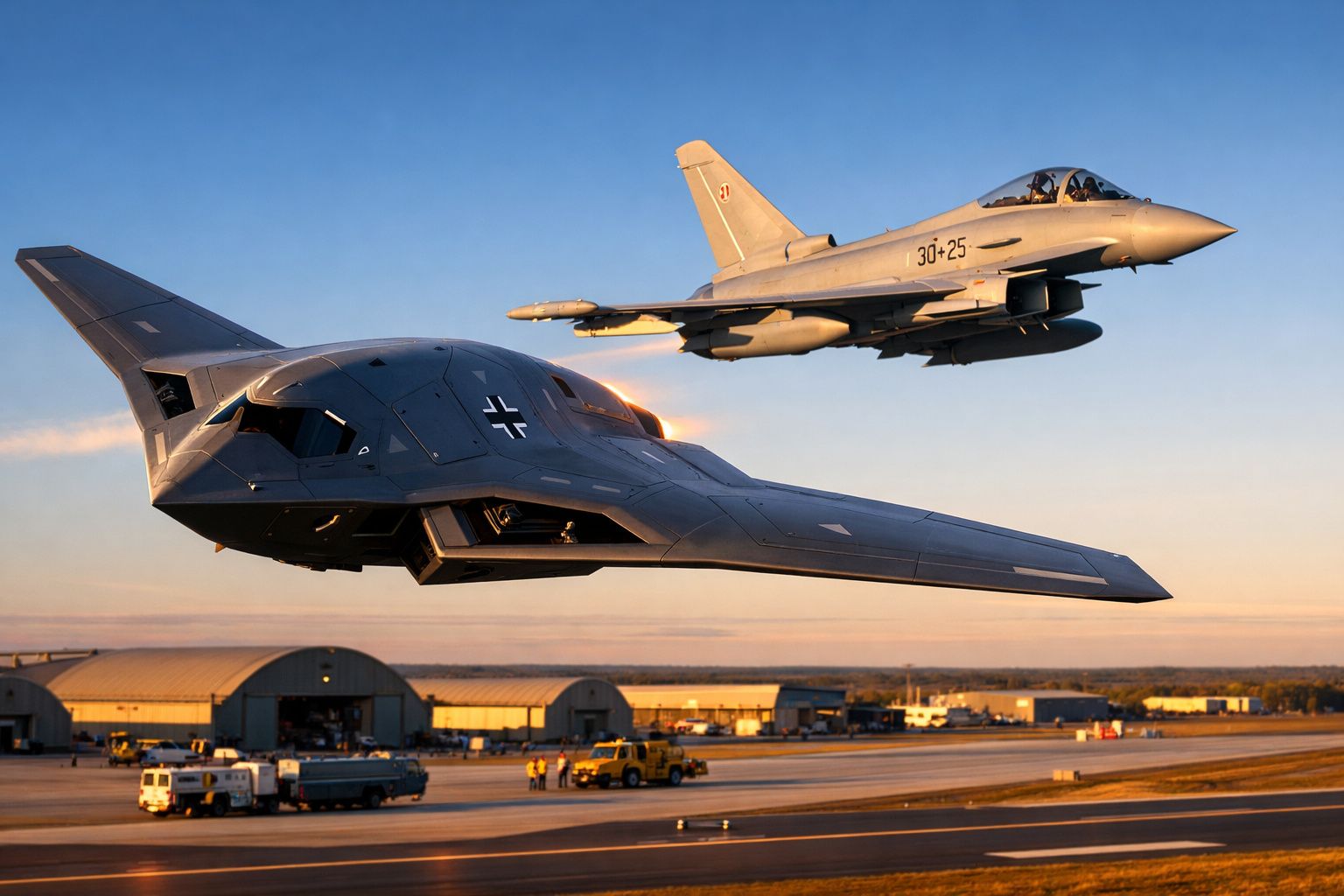 Dois aviões militares a voar baixo sobre um aeroporto ao pôr do sol, um de design furtivo e outro clássico.
