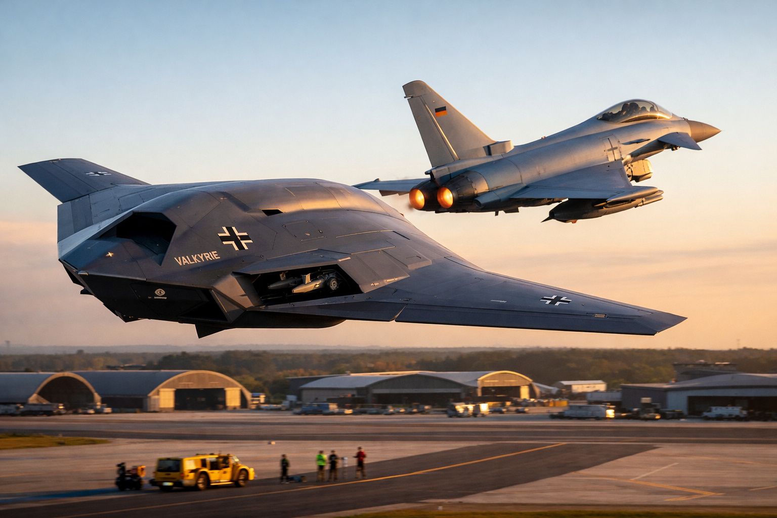 Dois aviões militares alemães voando ao pôr do sol sobre uma base aérea.