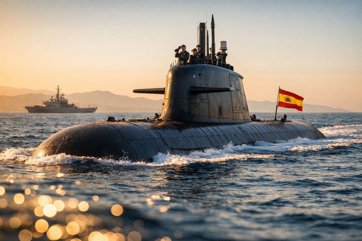 Submarino espanhol a flutuar com tripulação visível e bandeira da Espanha ao pôr do sol no mar.