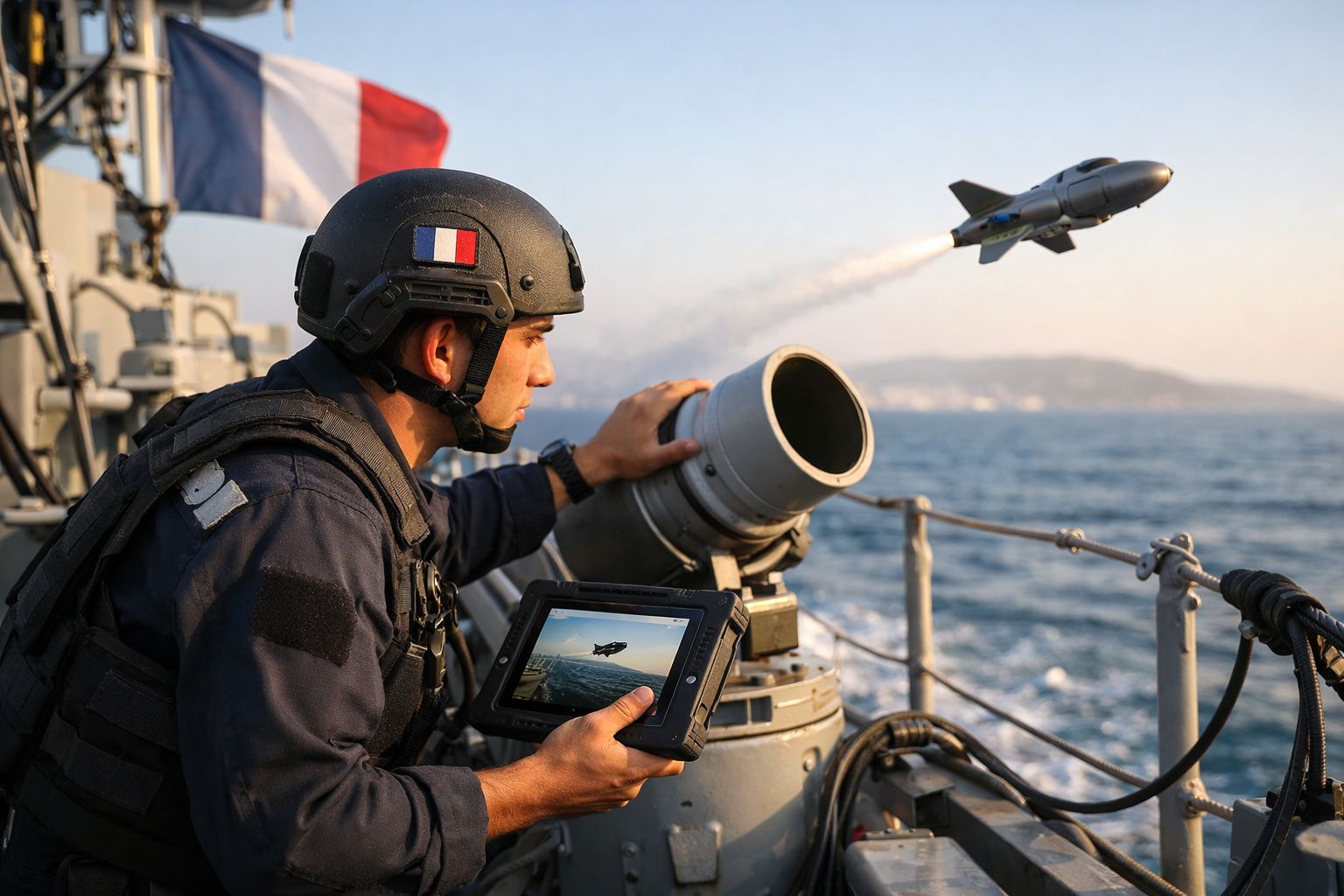 Soldado francês num barco a operar um sistema de lançamento de drone sobre o mar ao pôr do sol.
