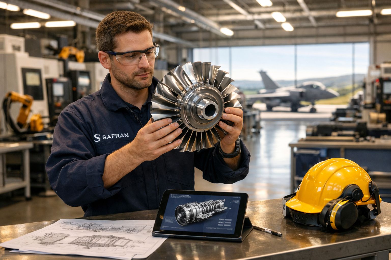 Homem com óculos de proteção examina componente metálico de turbina em oficina industrial com esquemas no tabuleiro.