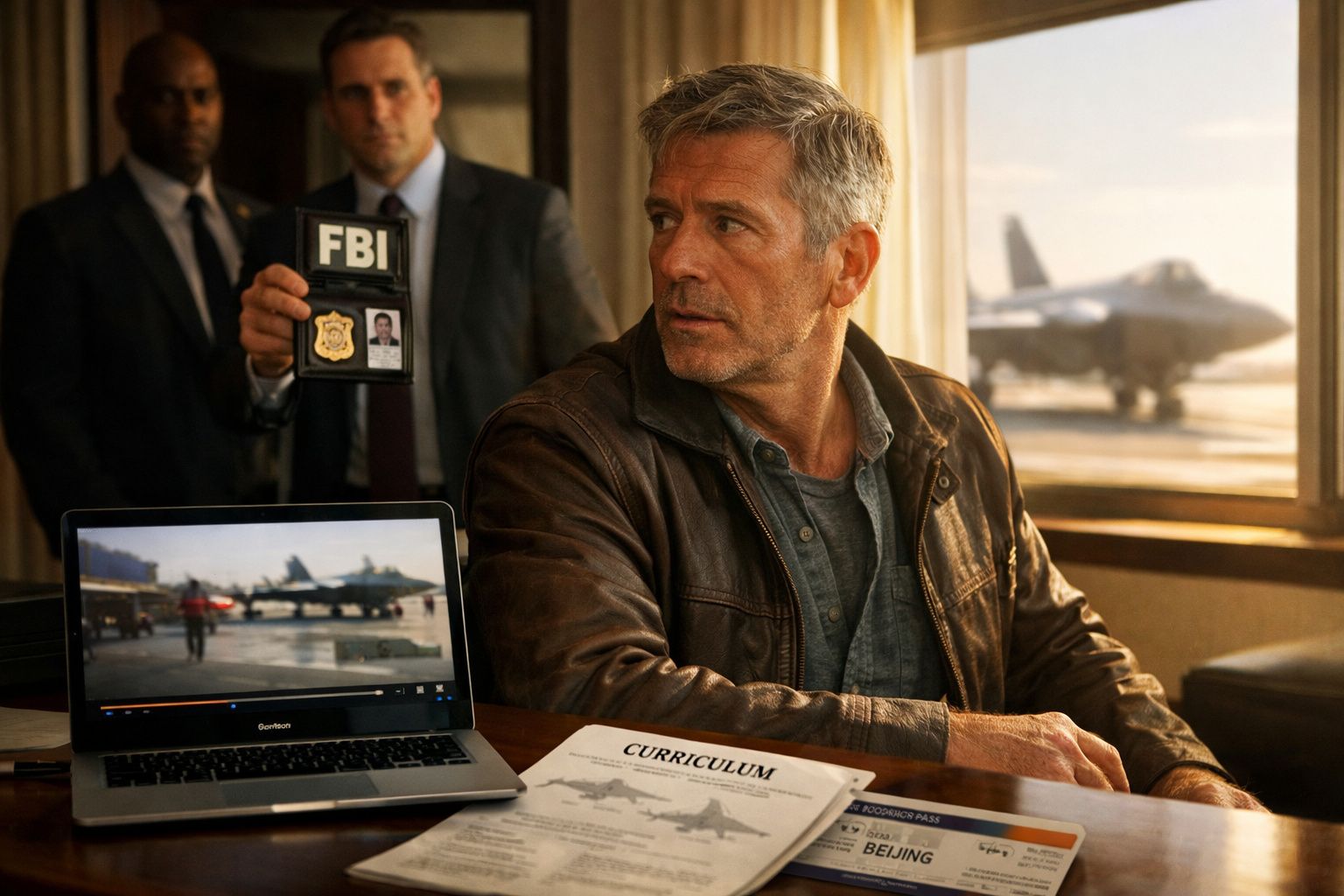 Homem sentado à mesa com currículo, laptop aberto e agentes do FBI ao fundo num aeroporto.