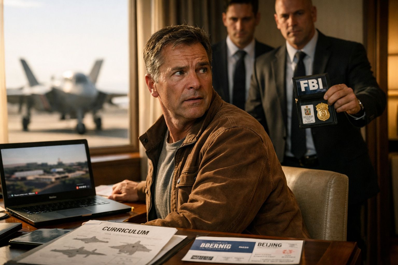 Homem sentado numa secretária com computador e documentos, enquanto agentes mostram uma credencial do FBI.