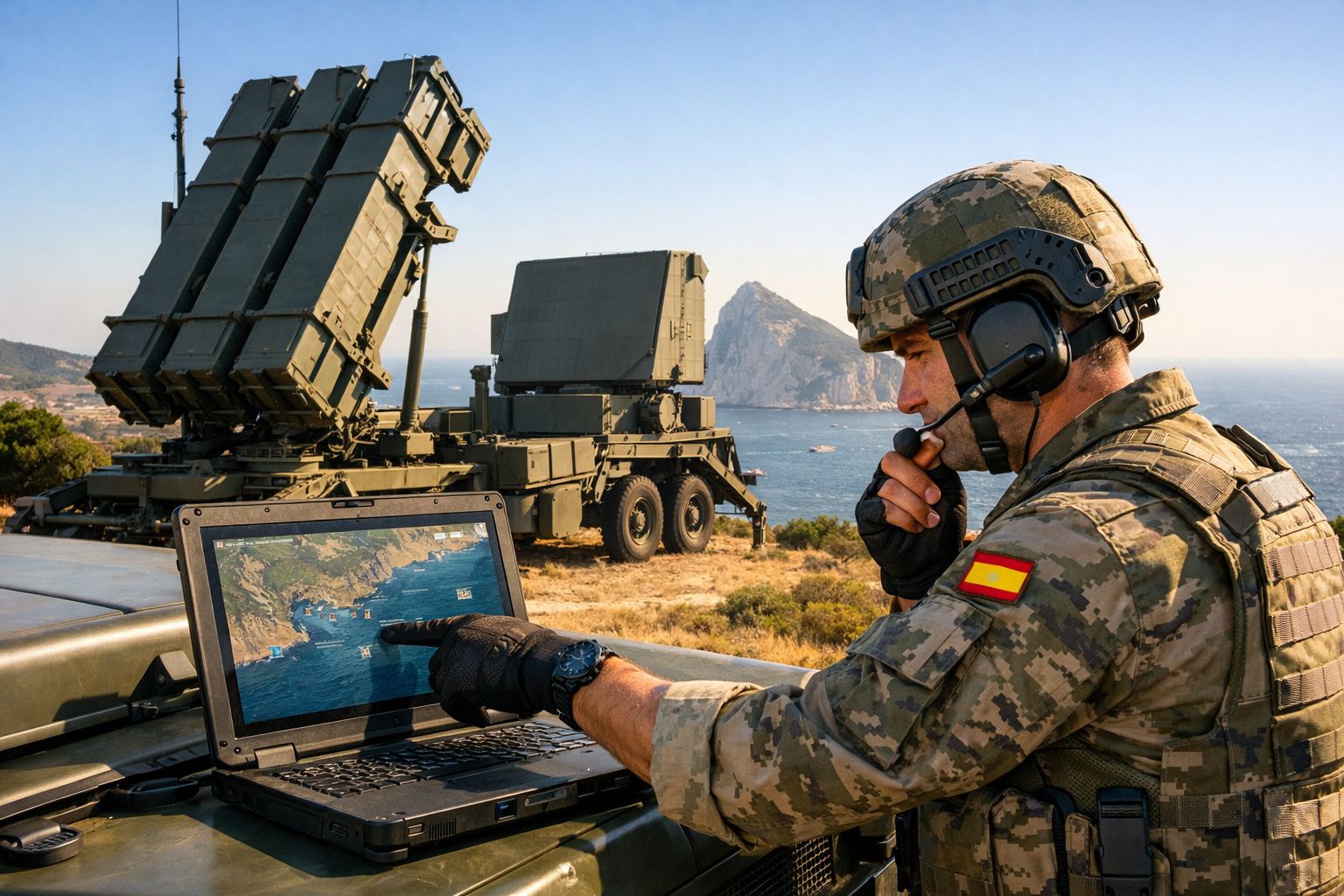 Militar espanhol em uniforme camuflado usa laptop ao ar livre com radar e mar ao fundo.