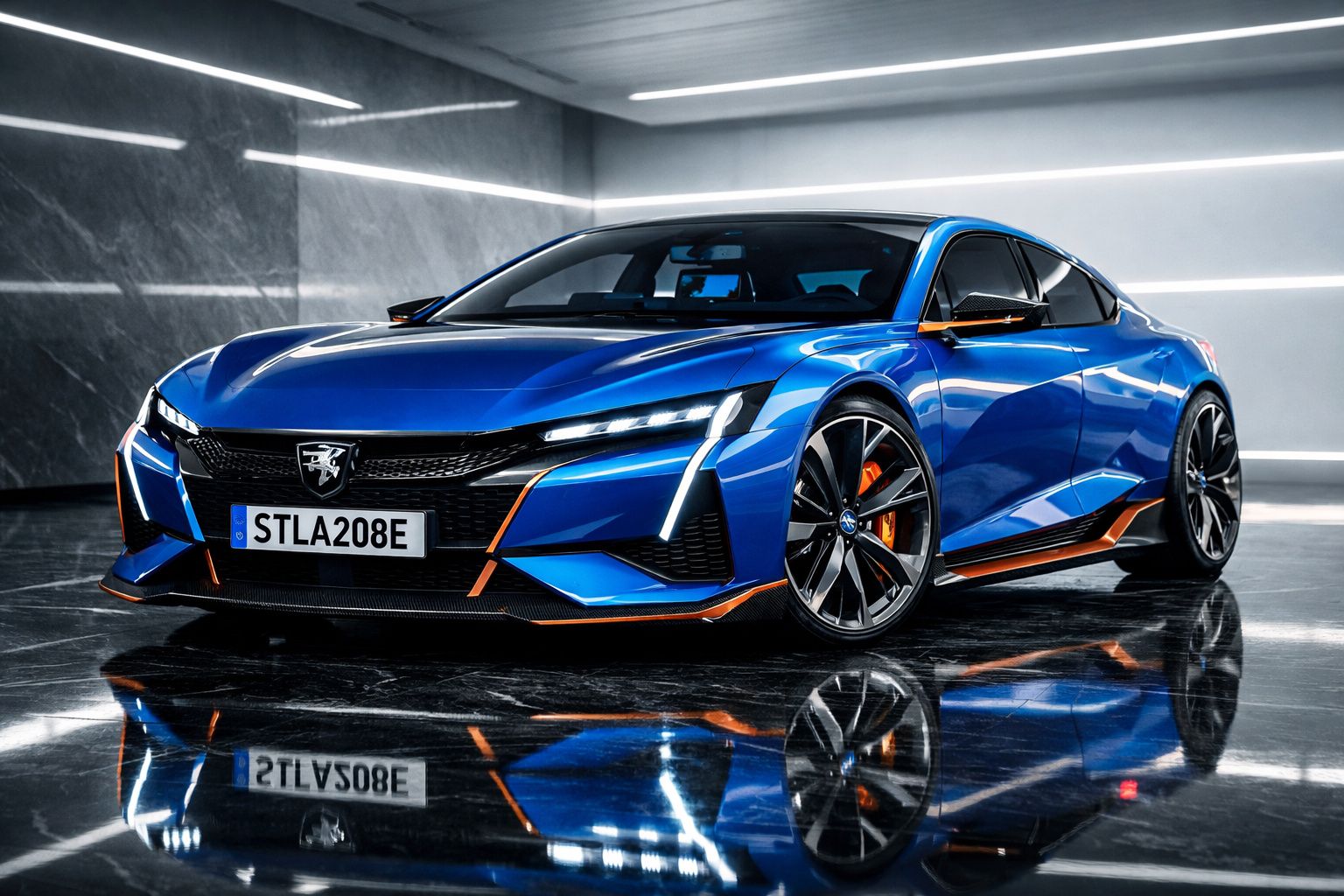 Carro desportivo elétrico azul com detalhes laranja estacionado em piso refletivo, em ambiente moderno e iluminado.