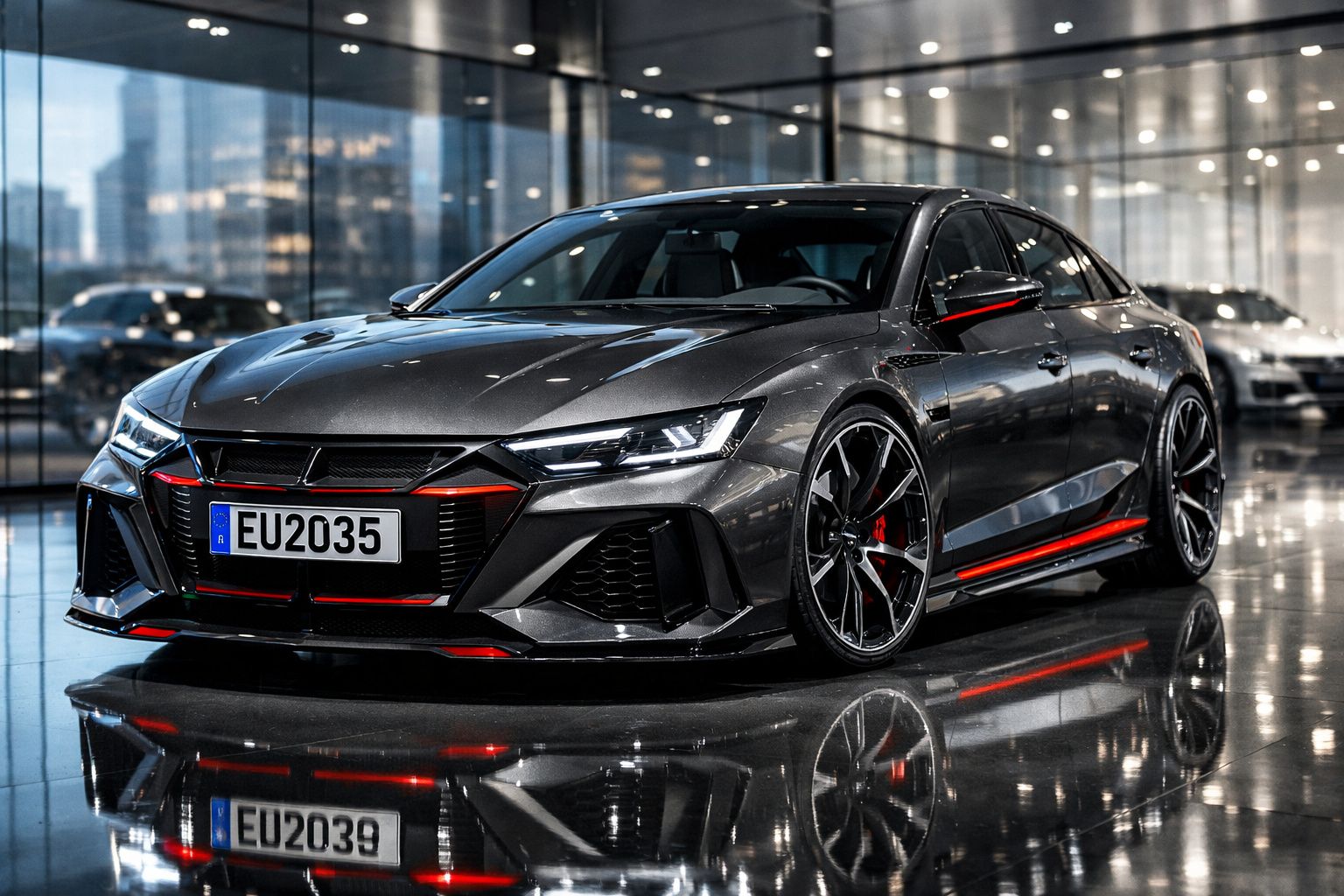 Automóvel desportivo cinzento com detalhes vermelhos estacionado num showroom moderno com chão reflexivo.