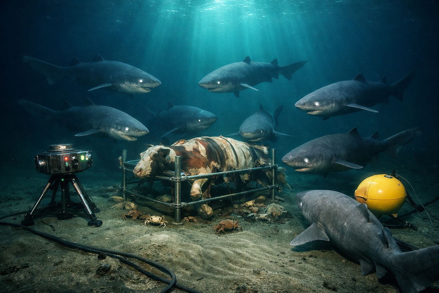 Grupo de tubarões rodeia uma vaca morta presa em estrutura metálica no fundo do mar.