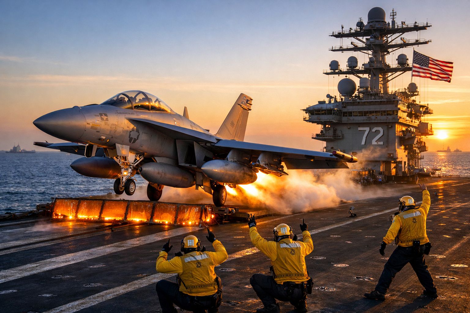 Caça F-18 descola de porta-aviões com tripulação em coletes amarelos a sinalizar durante pôr do sol.