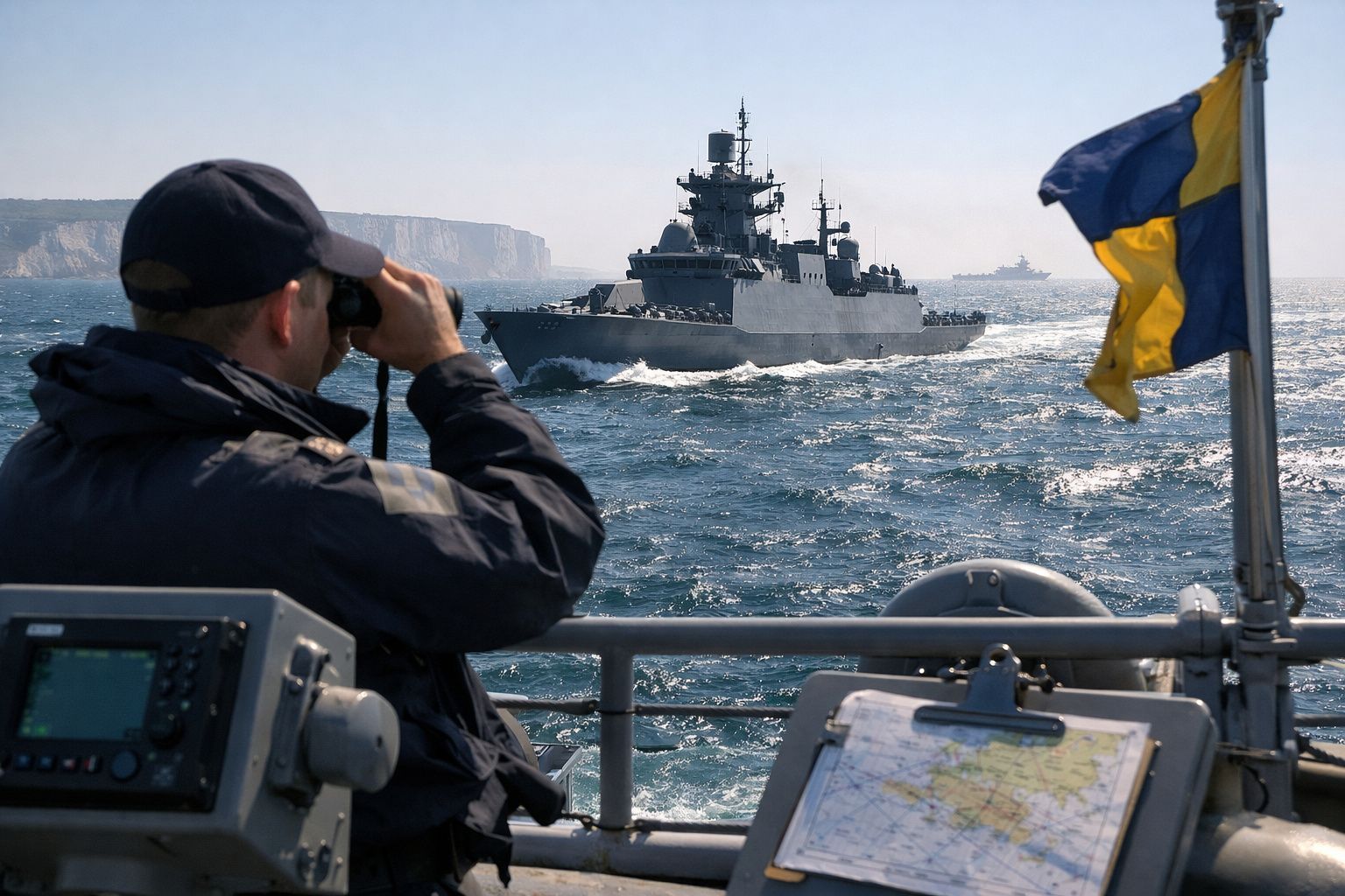 Militar observa navio de guerra ao longe no mar, com bandeira azul e amarela visível na embarcação.