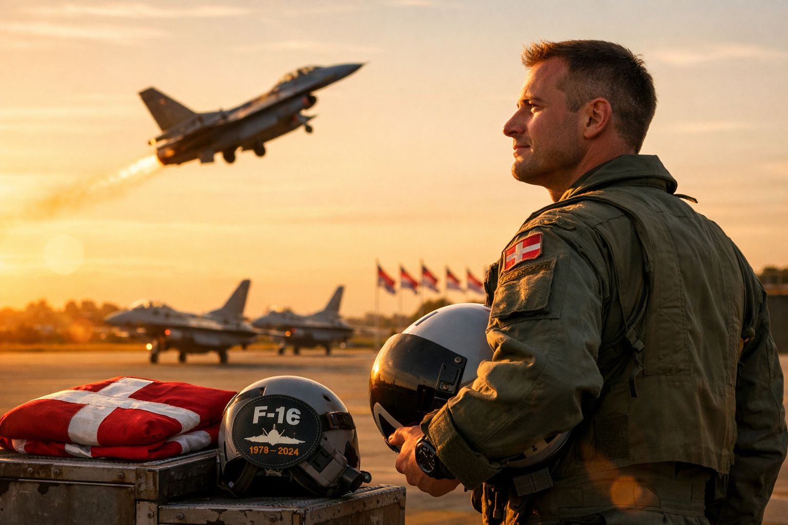 Piloto de caça com fato verde observa jato F-16 descolar ao pôr do sol em aeroporto militar.
