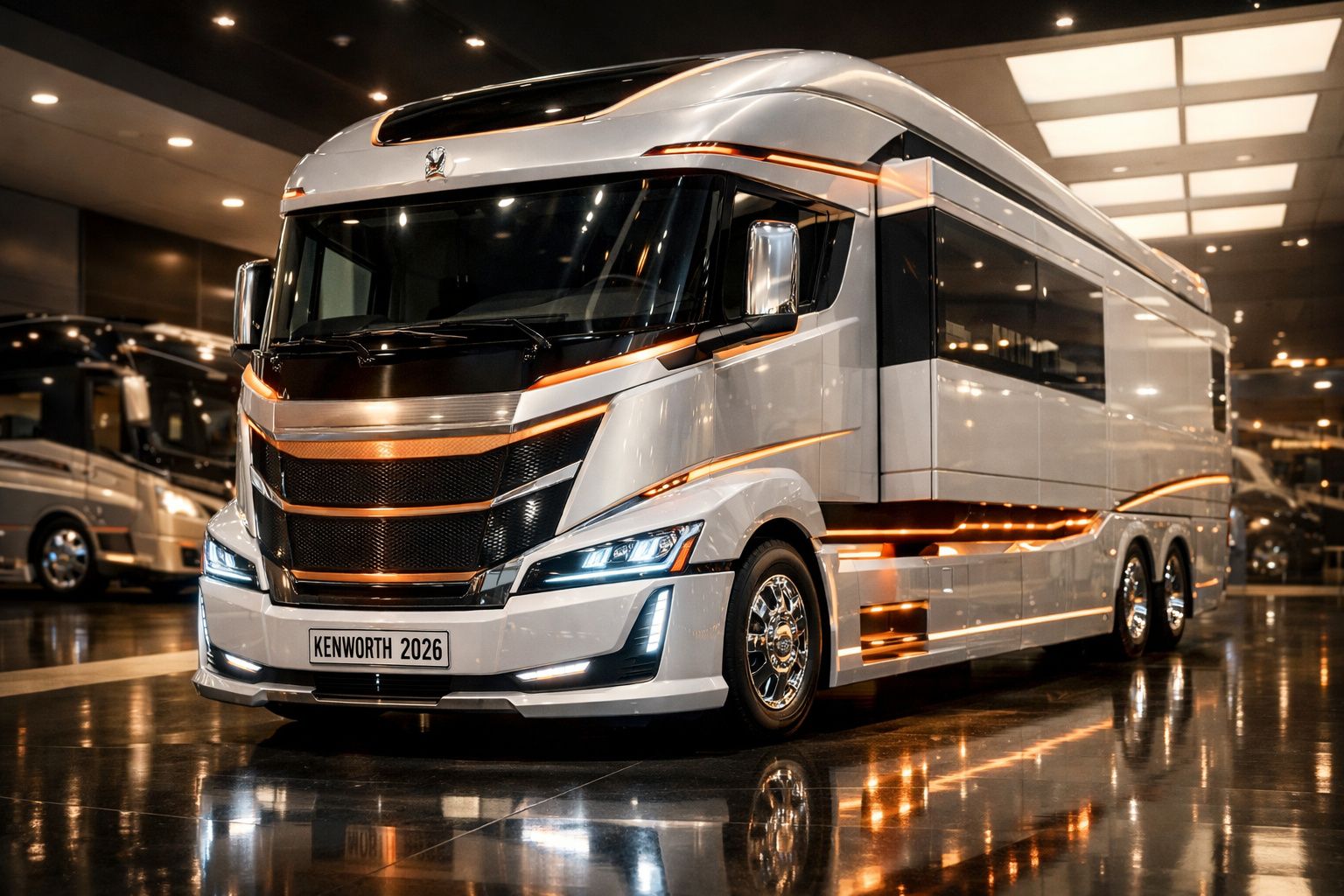 Camião Kenworth moderno e futurista branco com detalhes luminosos laranja numa garagem iluminada.