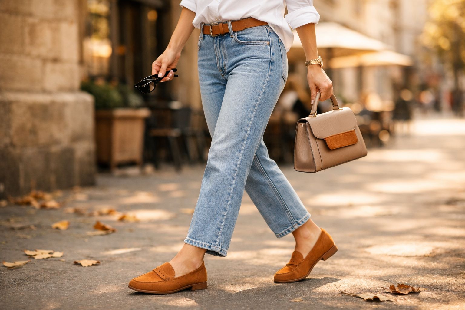 Pessoas a caminhar com calças de ganga azuis, mocassins castanhos e uma mala bege numa rua citadina.