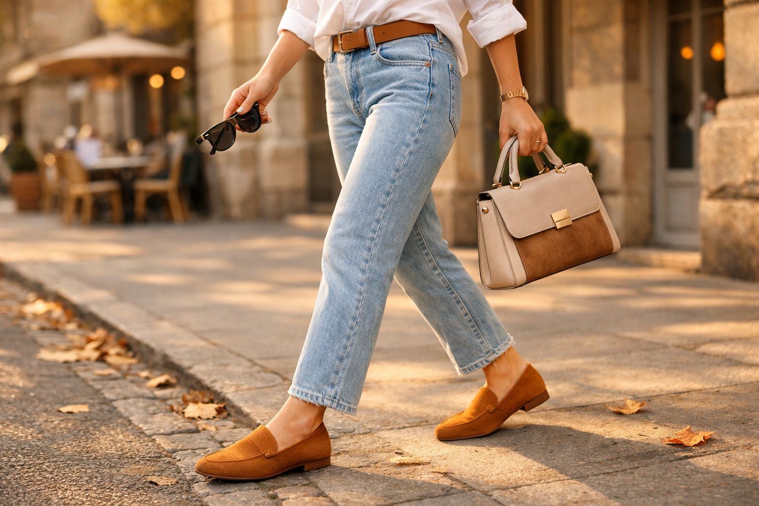 Pessoa a caminhar na rua com calças de ganga, sapatos castanhos, mala bege e óculos de sol na mão.