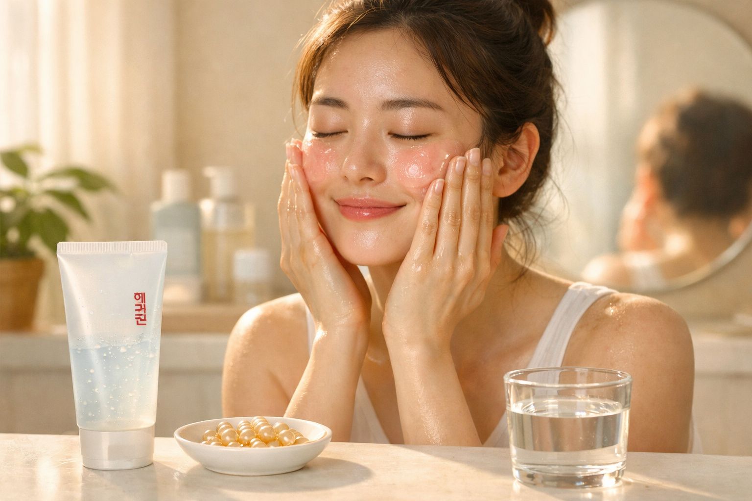 Mulher a aplicar creme facial com olhos fechados, perto de cápsulas e copo de água numa mesa.