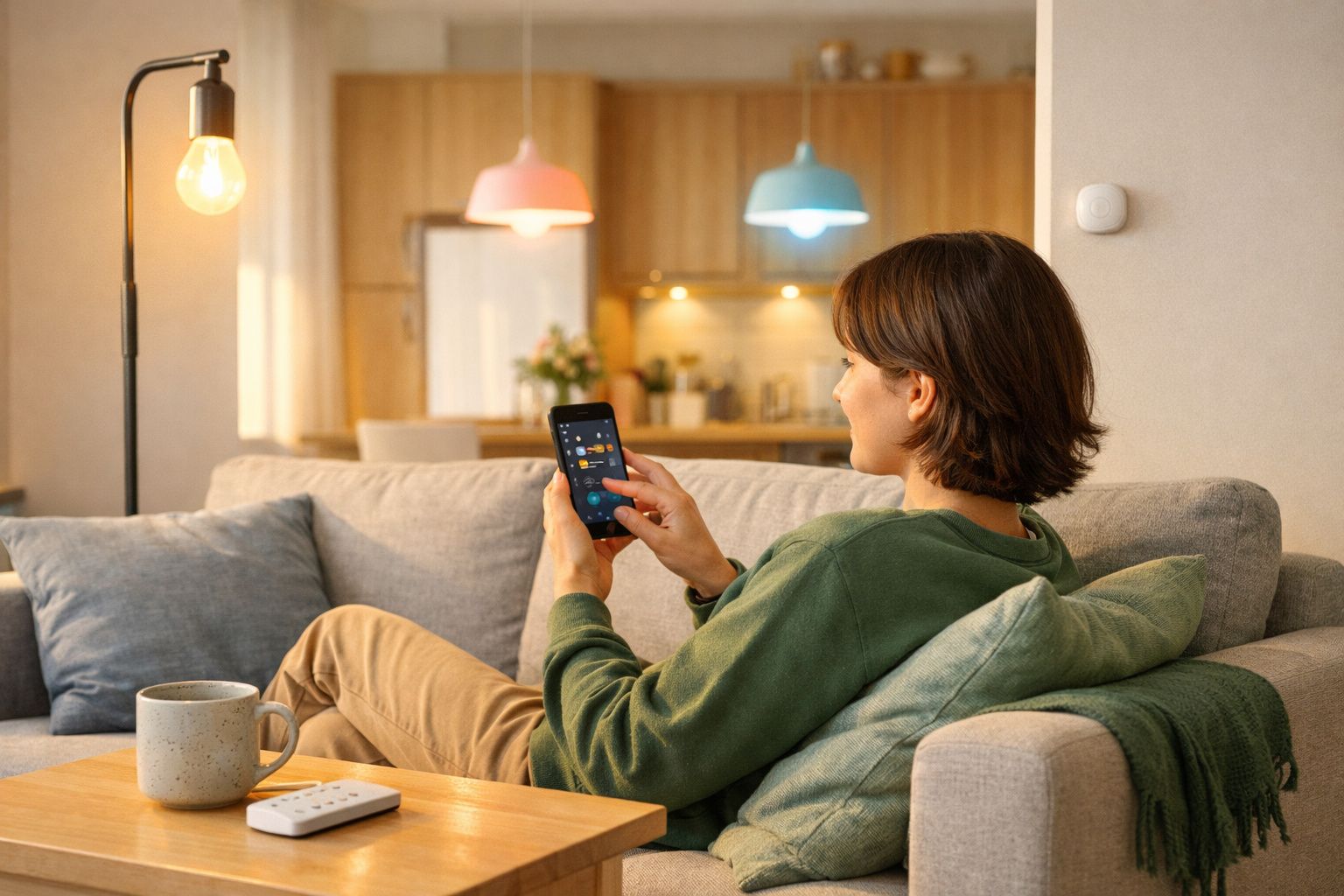 Pessoa sentada no sofá a controlar a iluminação da casa com smartphone numa sala moderna e acolhedora.