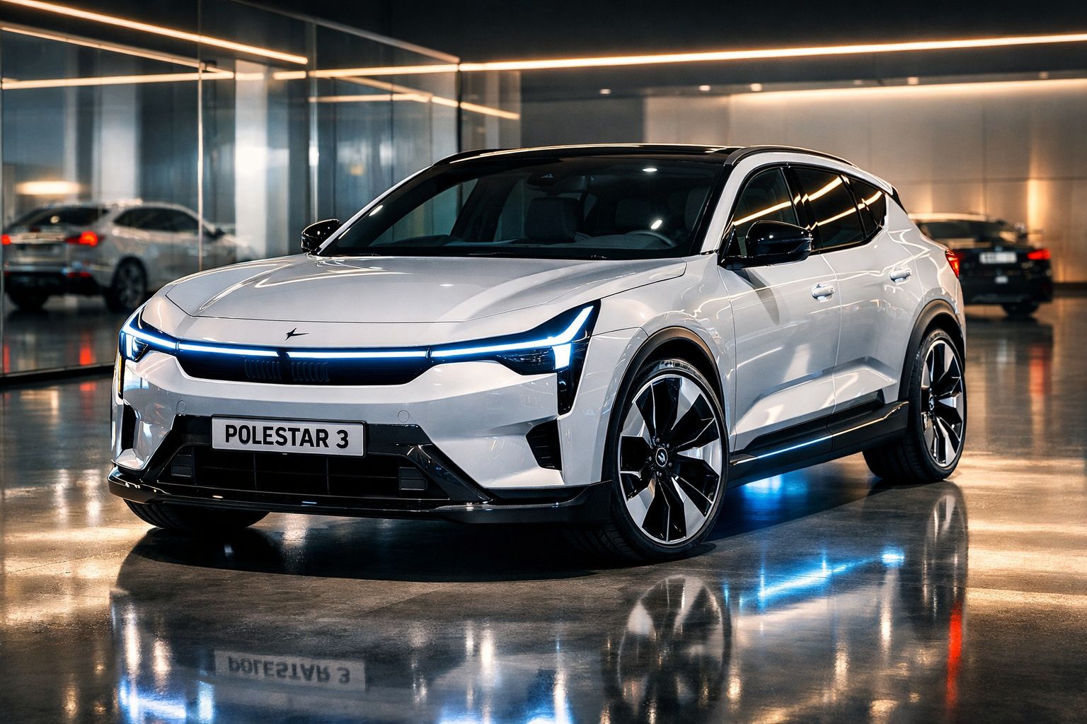 Polestar 3 branco estacionado em interior com luzes LED azuis e jantes negras brilhantes.