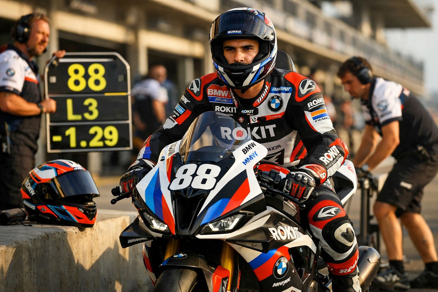 Piloto de motocicleta BMW nº 88 na boxe, com equipa técnica ao fundo no circuito de corridas.