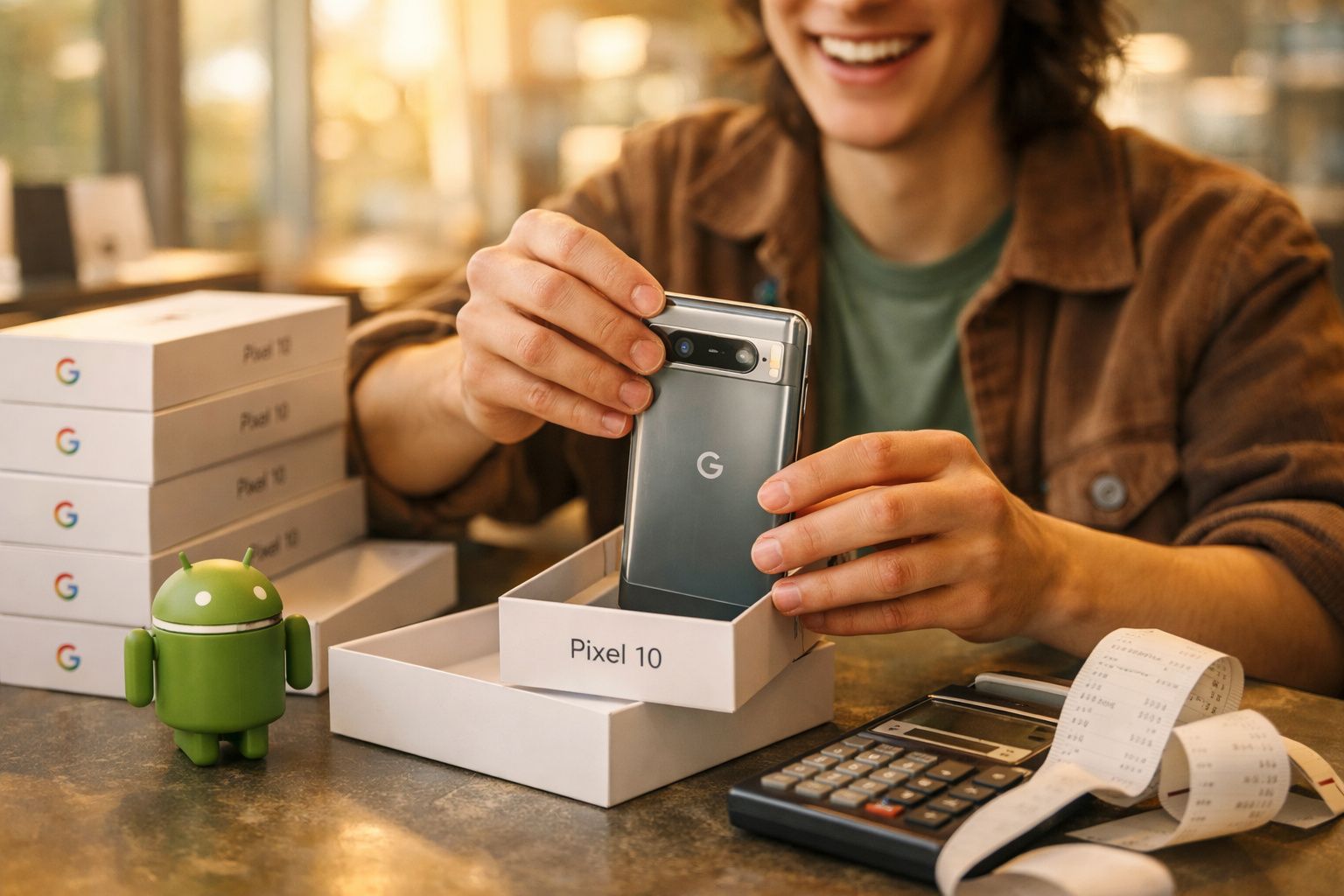 Pessoa a retirar um smartphone Google Pixel 10 da caixa, com várias caixas e uma figura Android ao lado.