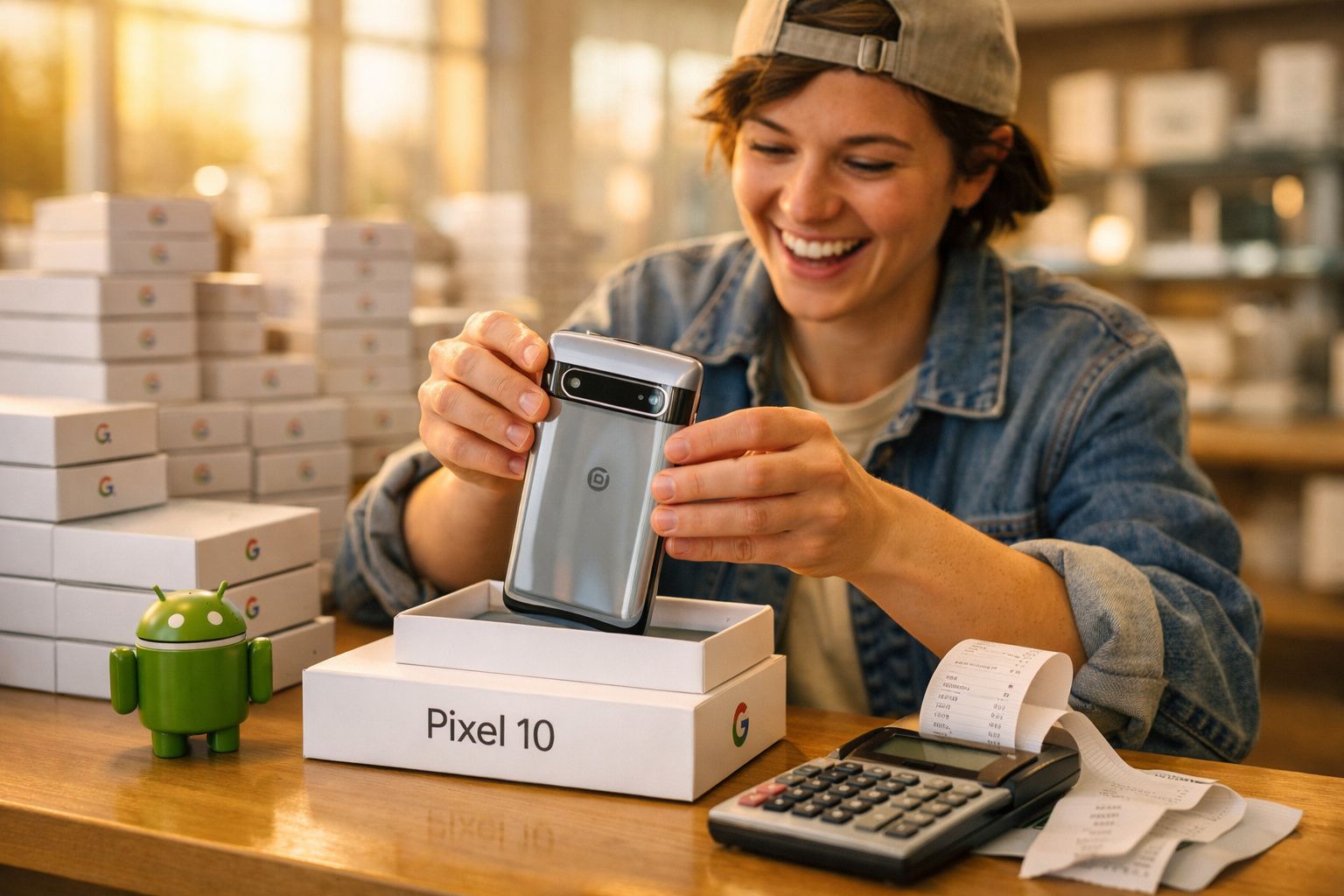 Pessoa sorridente a mostrar um telemóvel Pixel 10 recém tirado da caixa numa loja.