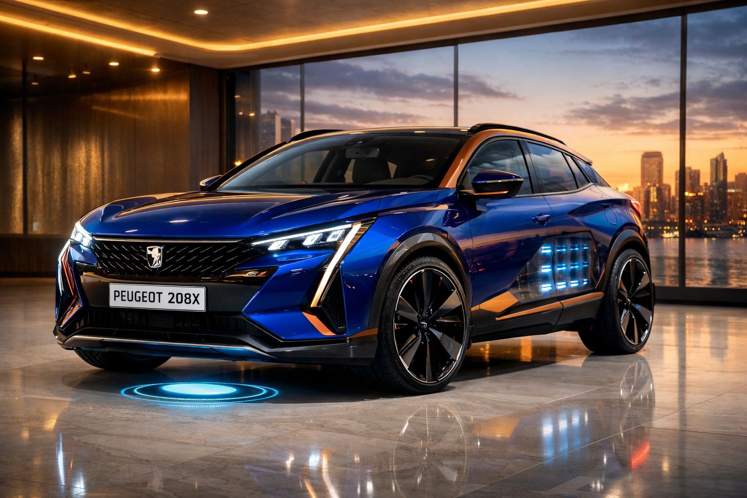 Peugeot 208X azul eléctrico com design moderno exibido num espaço interior com vista panorâmica de cidade ao pôr do sol.
