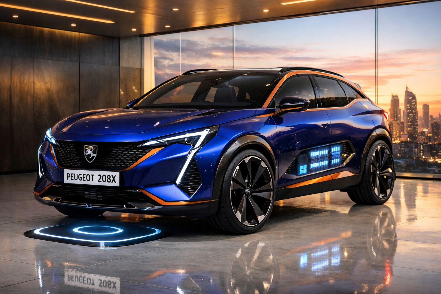Peugeot 208X azul eléctrico com design moderno e elementos luminosos, interior em ambiente urbano ao pôr do sol.
