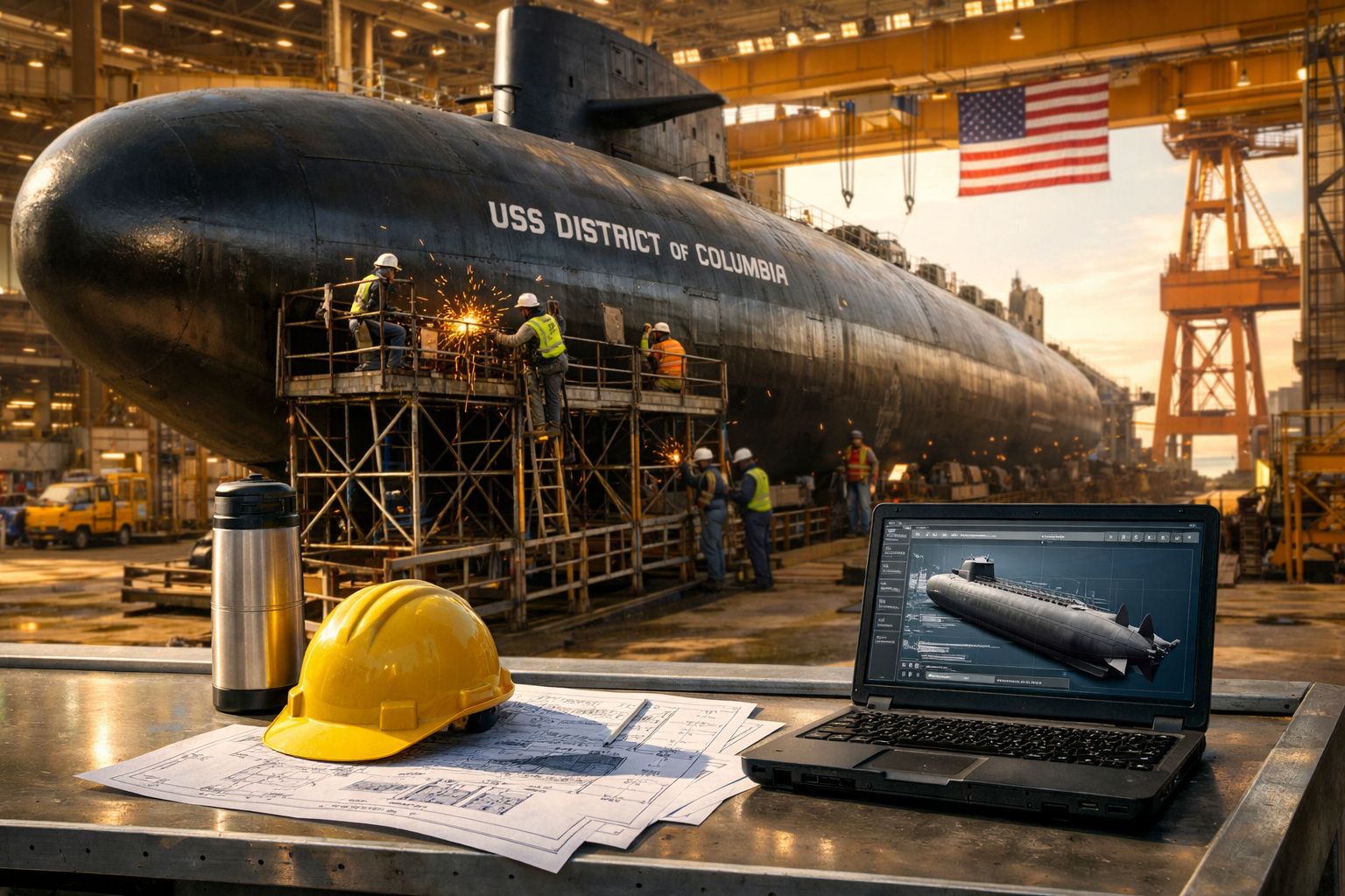 Submarino USS District of Columbia em estaleiro naval com trabalhadores e projeto num portátil.