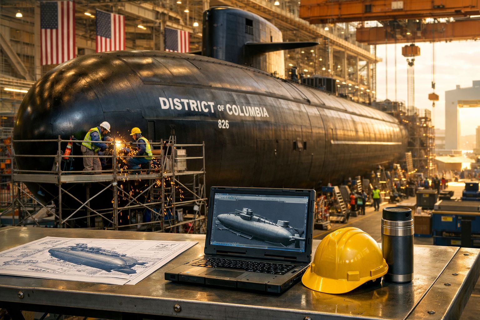 Submarino Distrito de Columbia em construção numa grande oficina naval com engenheiros a trabalhar.