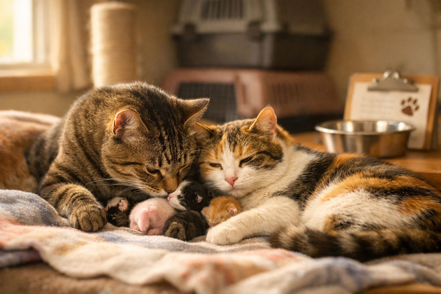 Dois gatos adultos aconchegados com três gatinhos recém-nascidos sobre uma manta de lã.