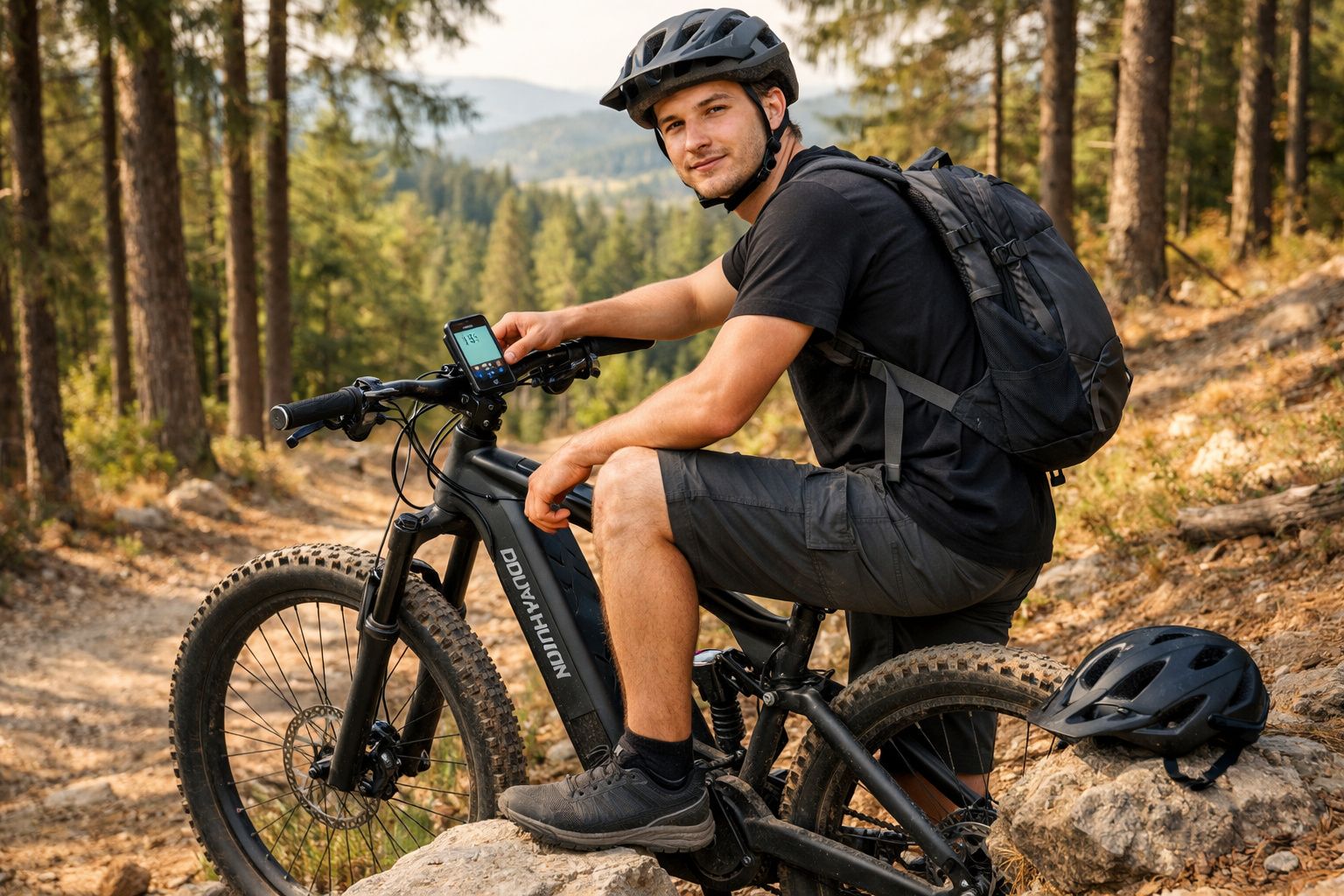 Homem com capacete montado em bicicleta de montanha numa trilha florestal, com mochila preta às costas.