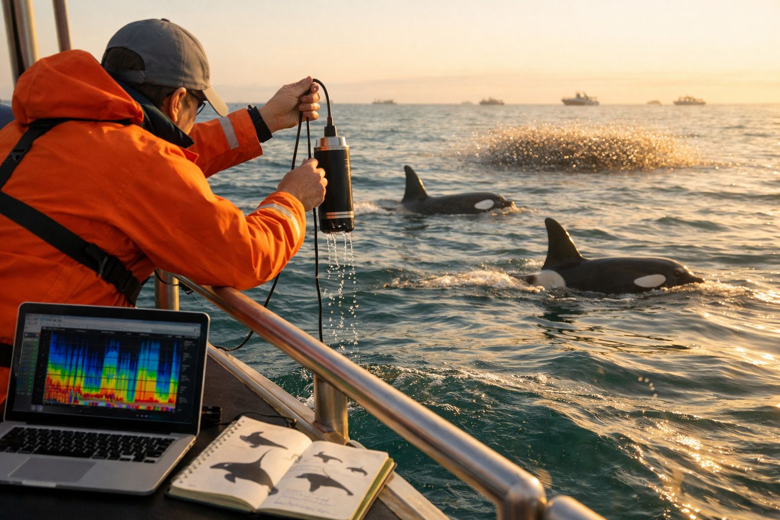 Investigador num barco recolhe dados oceanográficos perto de duas orcas em mar calmo ao pôr do sol.