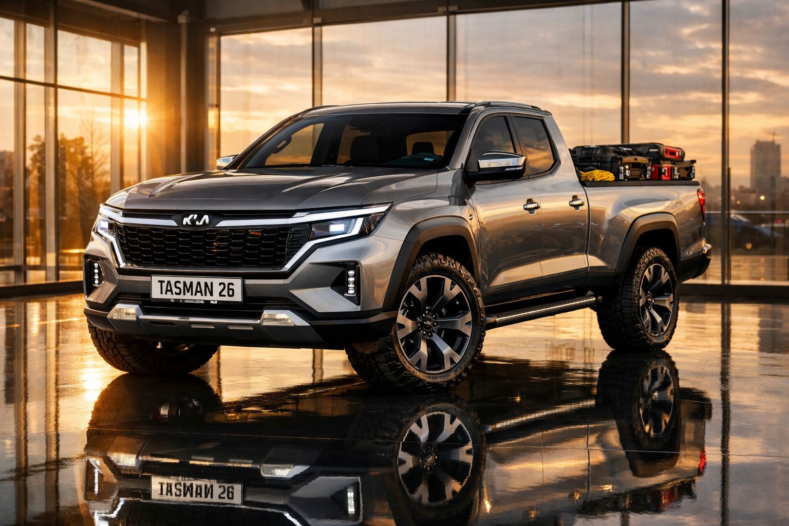 Pick-up Kia cinzenta estacionada num espaço interior com janelas amplas e luz dourada do pôr do sol.