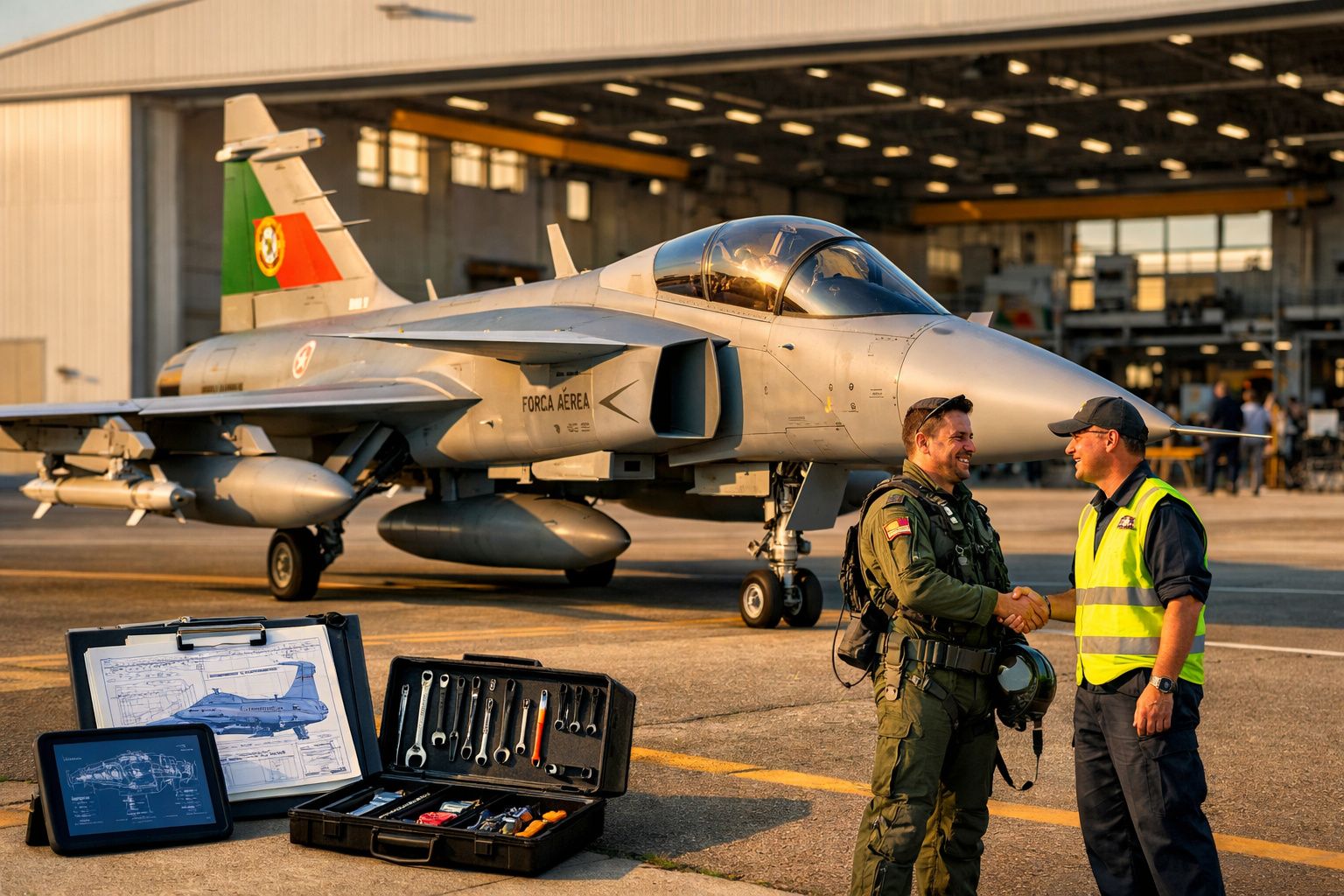 Fuzileiro da Força Aérea Portuguesa e técnico apertam mãos perto de caça no pátio de hangar ao pôr do sol.