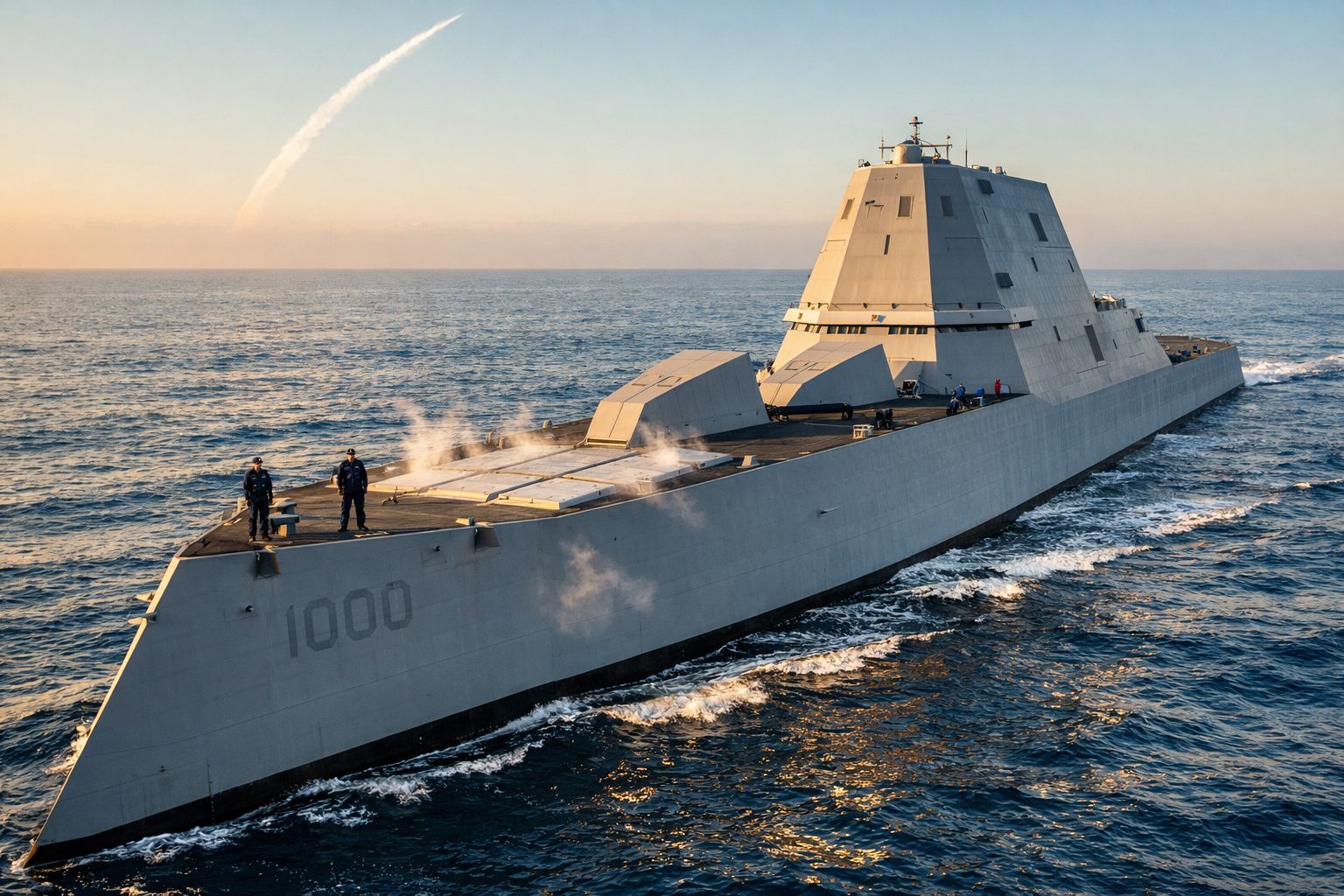 Navio de guerra moderno cinzento numerado 1000 no mar ao pôr do sol com dois tripulantes no convés.