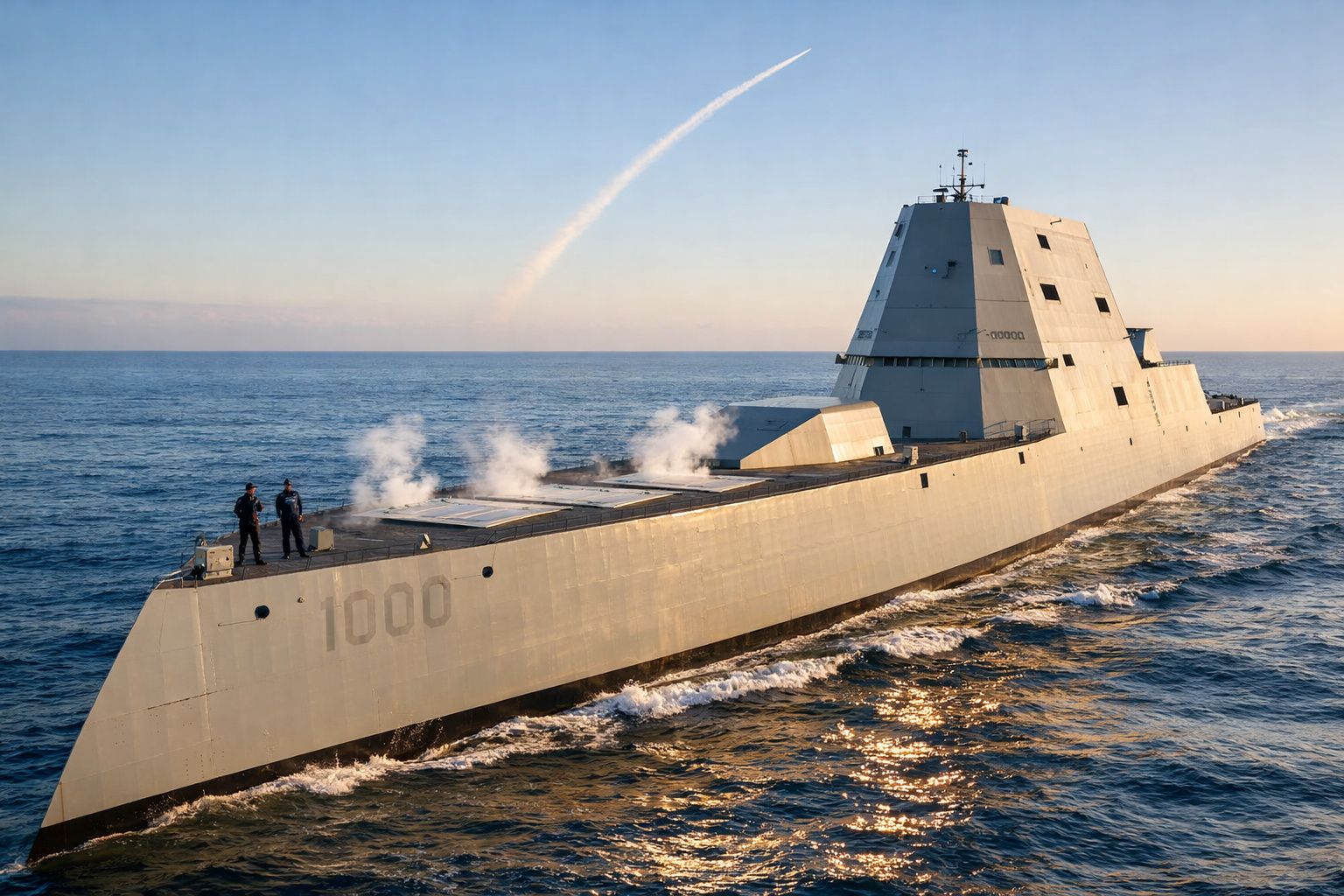 Navio de guerra moderno a navegar no mar com lançamento de mísseis visível no céu ao fundo.