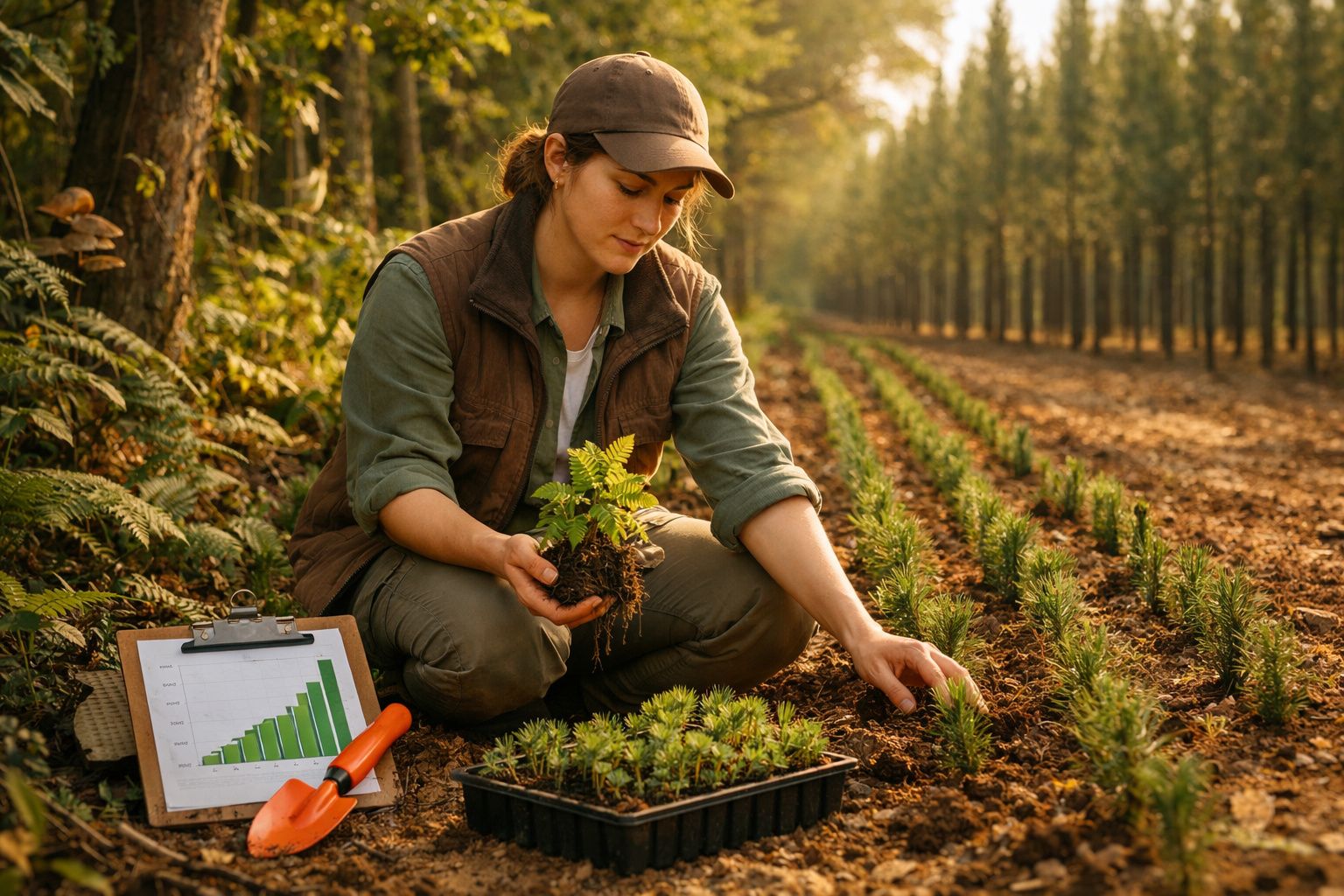 Mulher com roupa de campo planta mudas numa fileira de árvores enquanto analisa gráfico de crescimento ambiental.