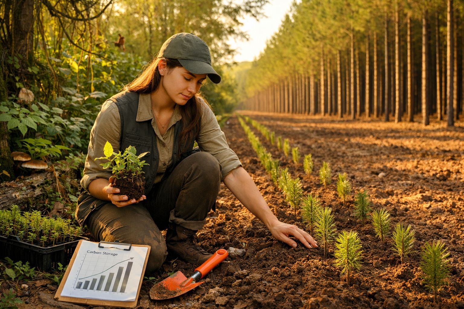 Mulher plantando árvores jovens numa plantação, com gráfico de armazenamento de carbono ao lado.