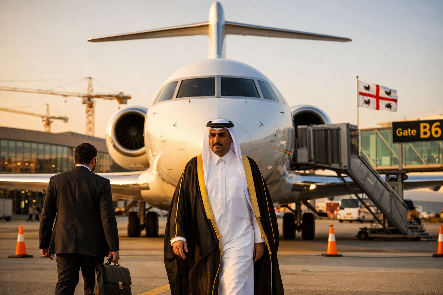Homem com traje tradicional árabe e outro homem de fato próximos a um avião privado na pista do aeroporto.