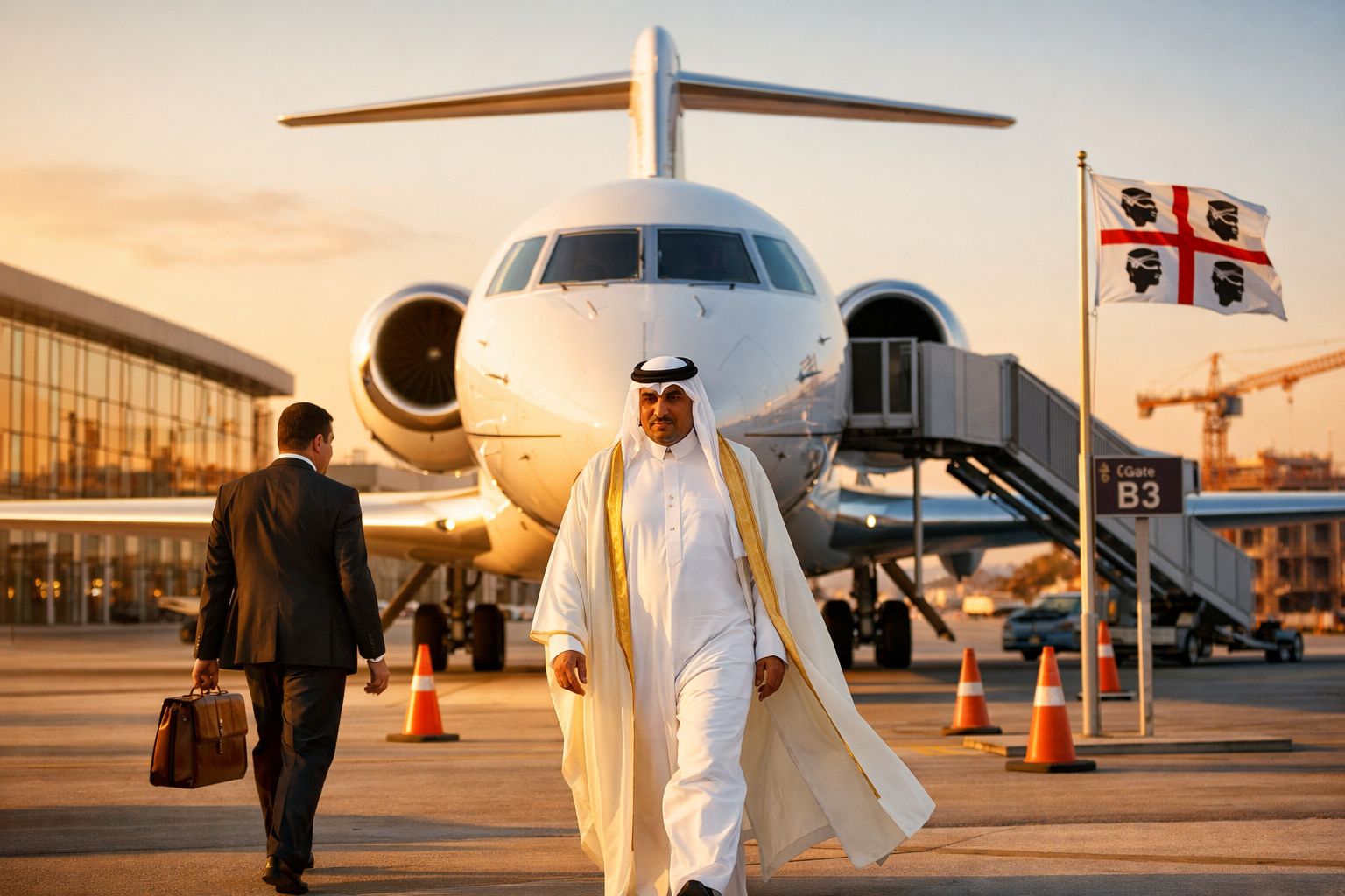 Homem árabe em roupa tradicional caminha no aeroporto à frente de jato privado ao pôr do sol.