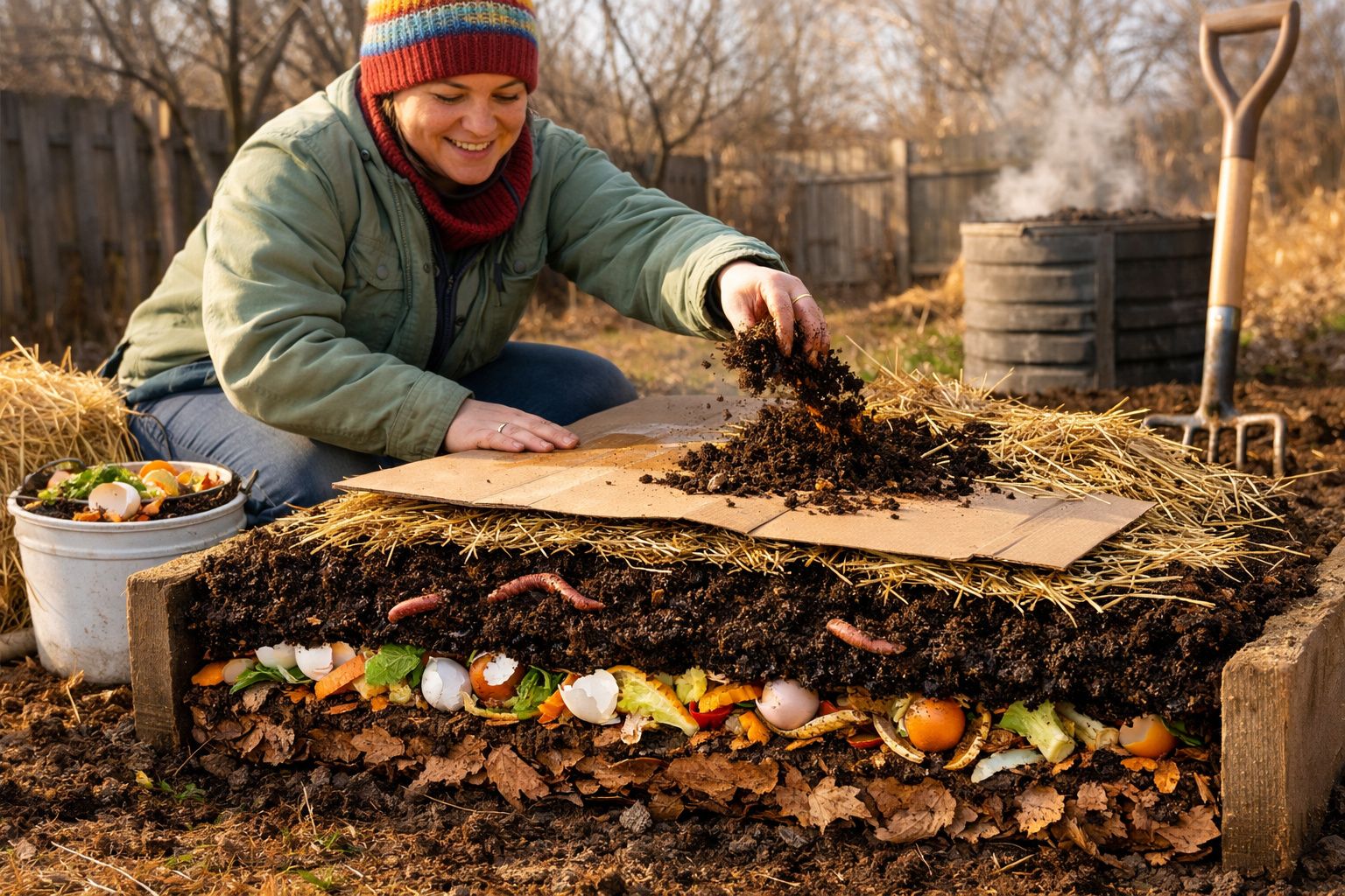 Mulher a preparar compostagem com restos orgânicos, terra e minhocas num jardim ao ar livre.