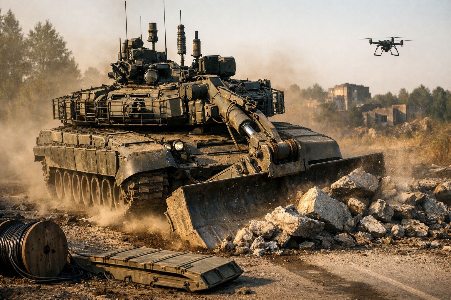 Tanque militar a remover escombros com uma pá dianteira em terreno poeirento, com drone voando ao lado.