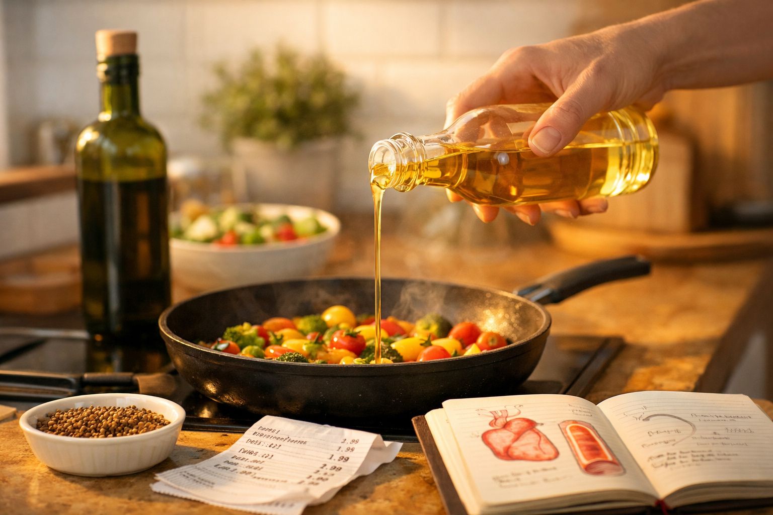 Mão a deitar azeite em frigideira com legumes coloridos, livro de receitas aberto e especiarias à volta.