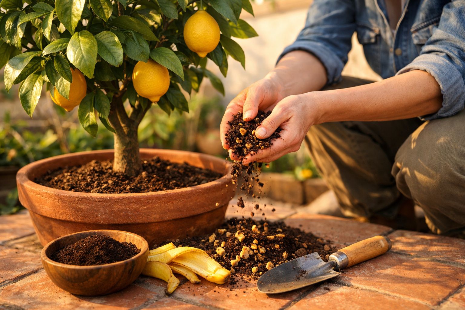 Pessoa a preparar terra para plantar uma árvore de citrinos num vaso com utensílios de jardinagem.